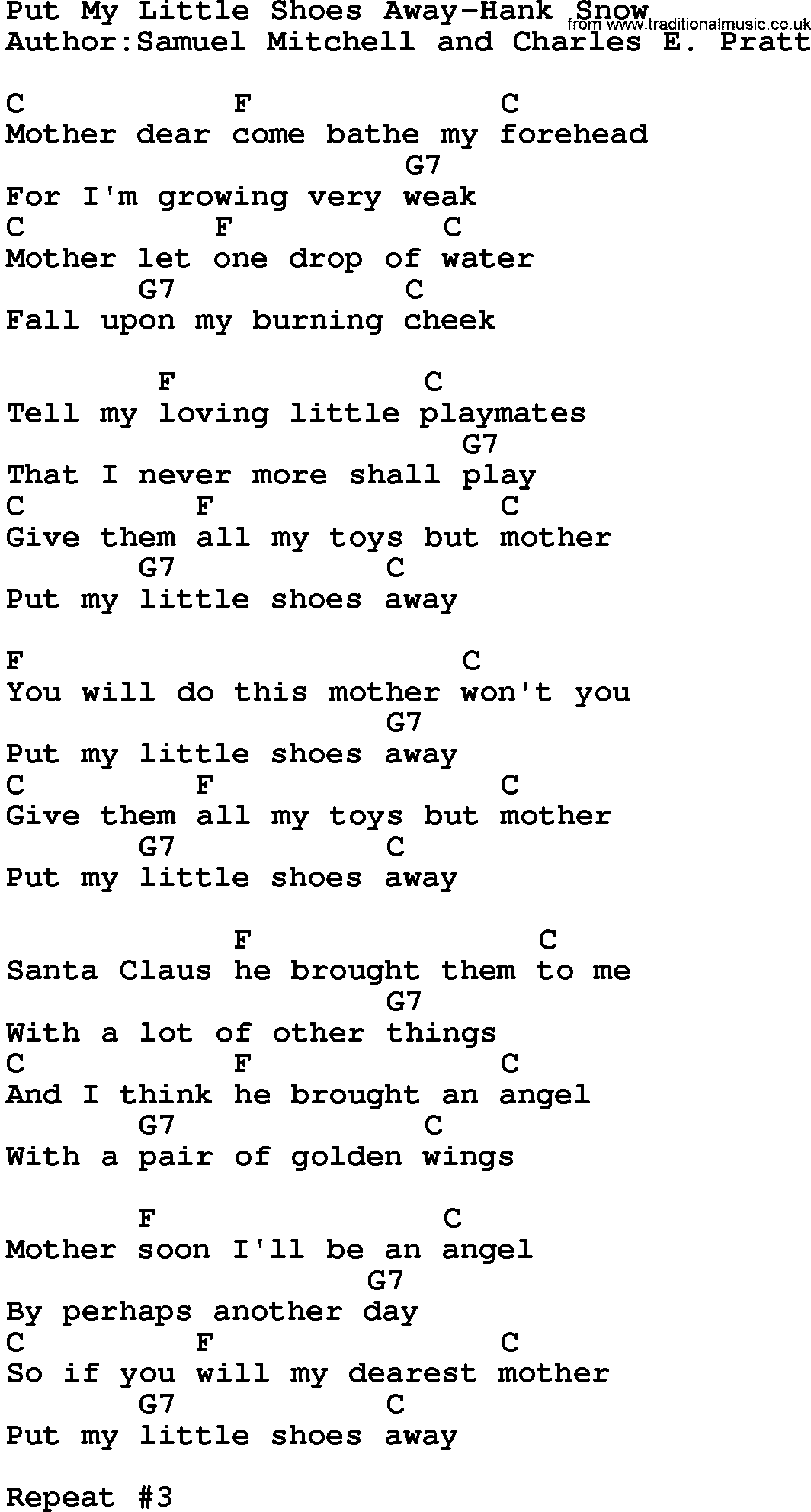 Country music song: Put My Little Shoes Away-Hank Snow lyrics and chords