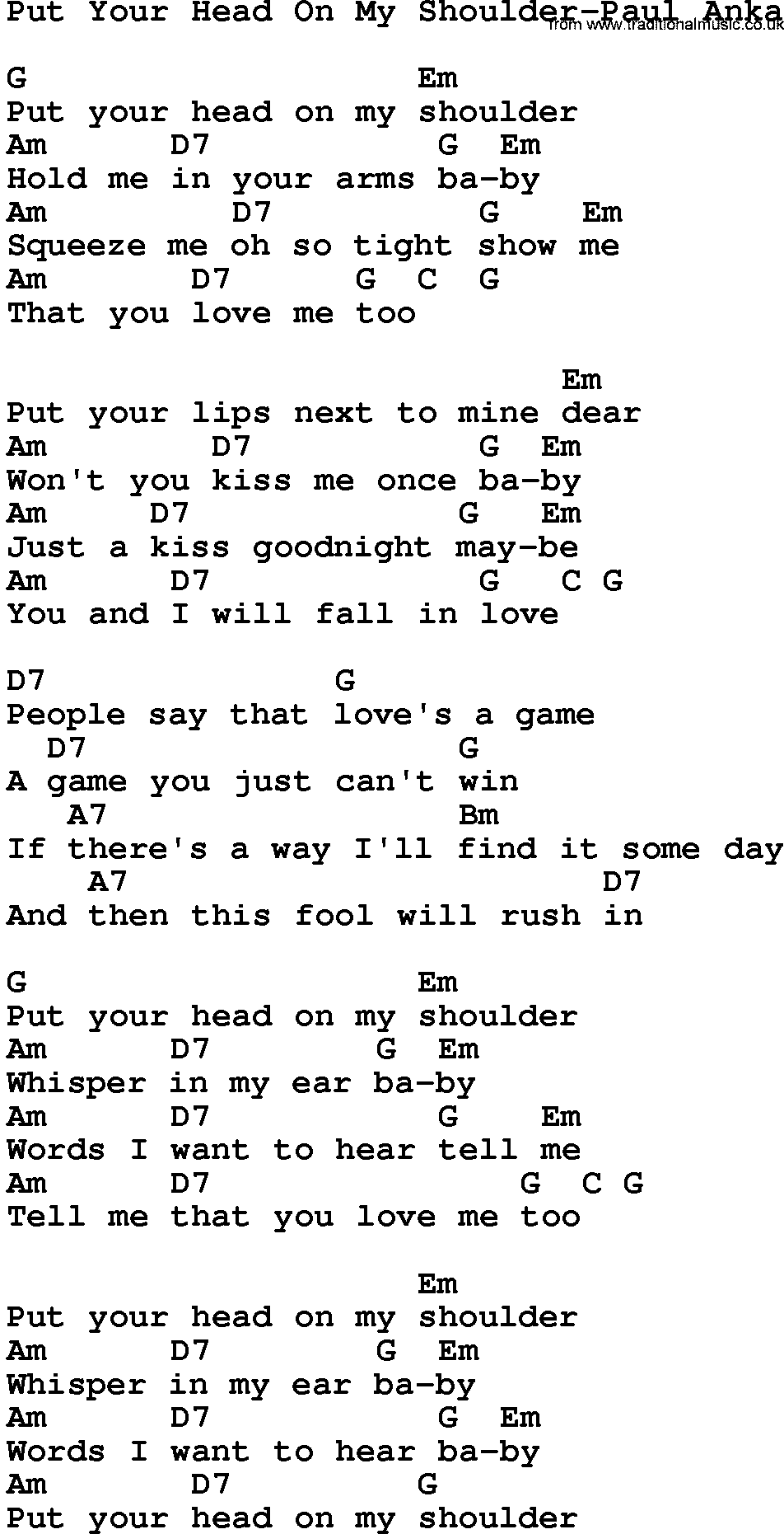Country music song: Put Your Head On My Shoulder-Paul Anka lyrics and chords