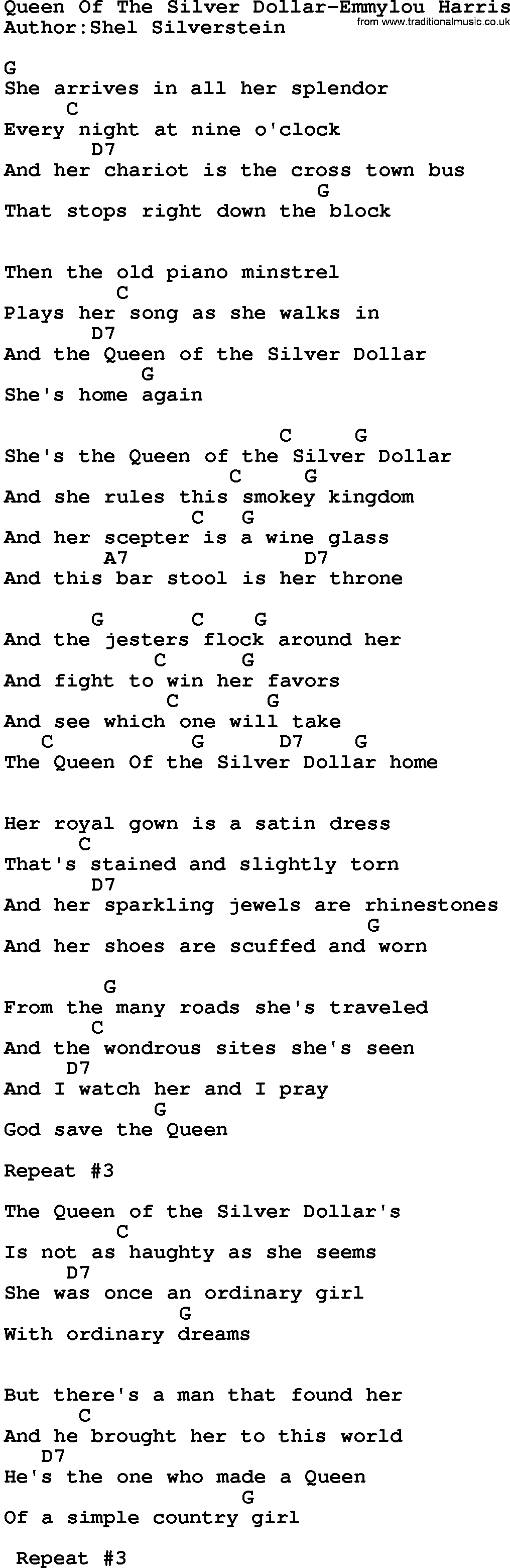 Country music song: Queen Of The Silver Dollar-Emmylou Harris lyrics and chords