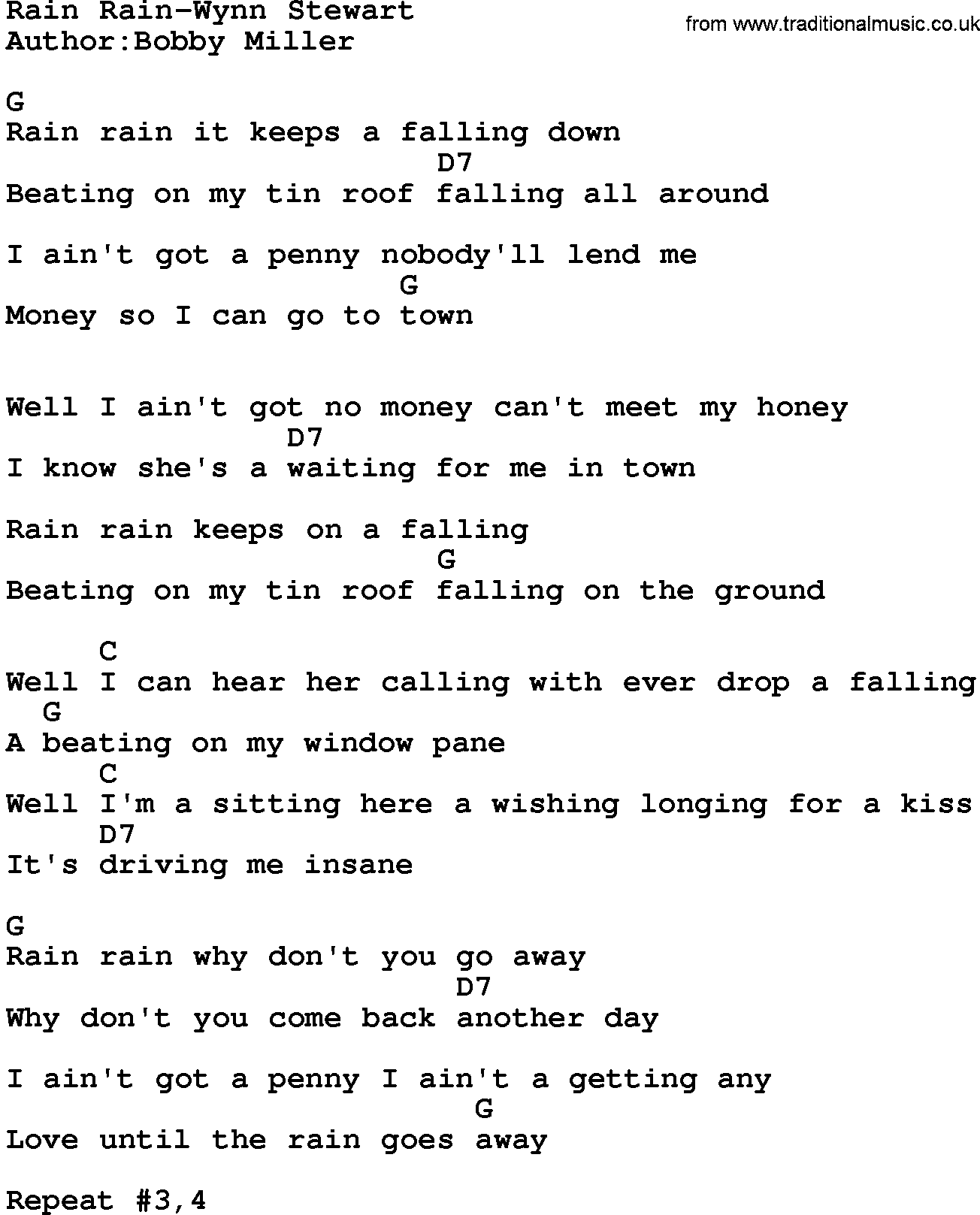 Country music song: Rain Rain-Wynn Stewart lyrics and chords