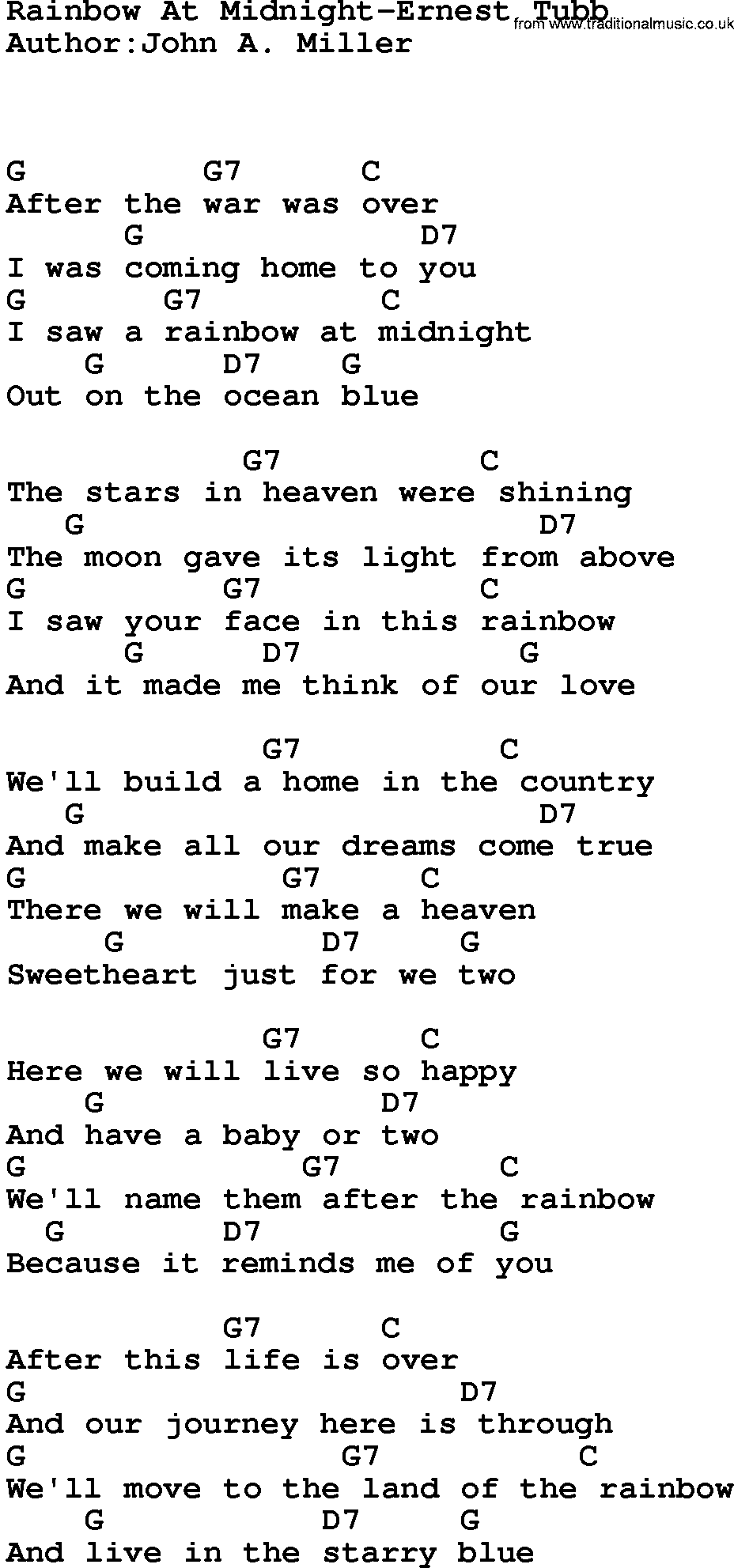 Country music song: Rainbow At Midnight-Ernest Tubb lyrics and chords