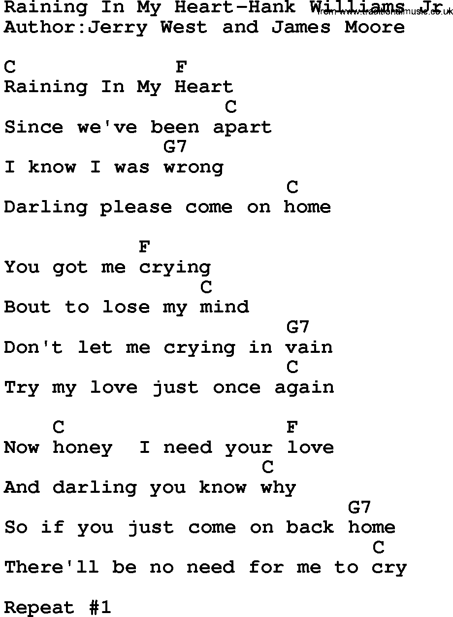 Country music song: Raining In My Heart-Hank Williams Jr lyrics and chords