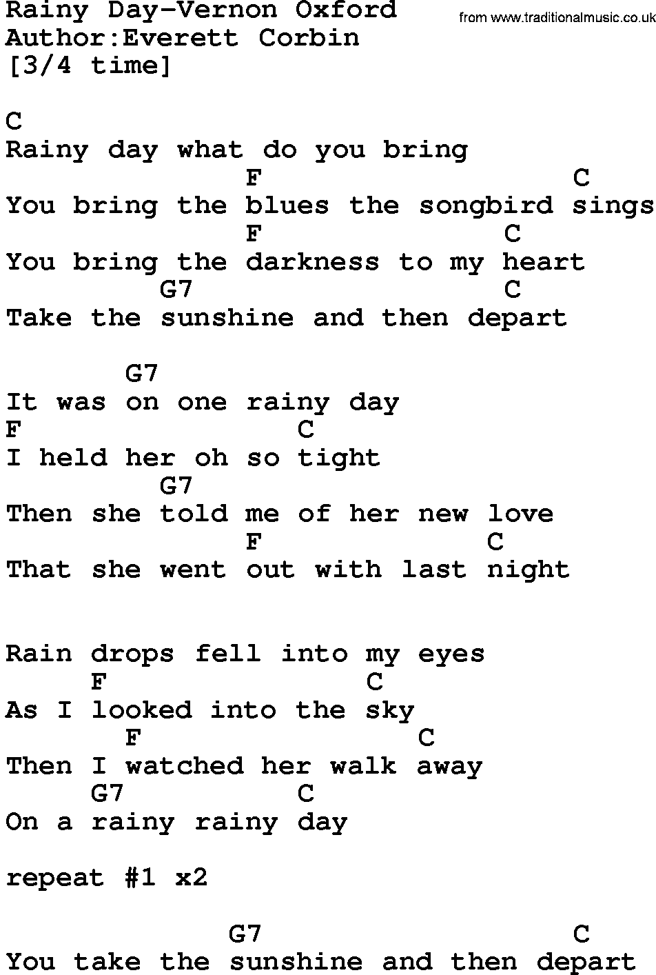 Country music song: Rainy Day-Vernon Oxford lyrics and chords