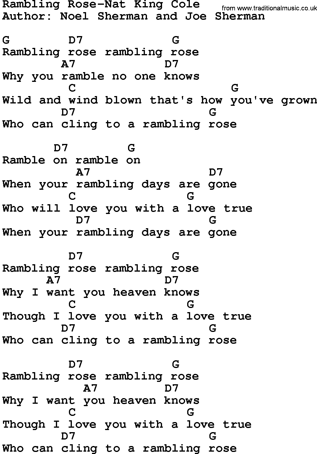 Country music song: Rambling Rose-Nat King Cole lyrics and chords