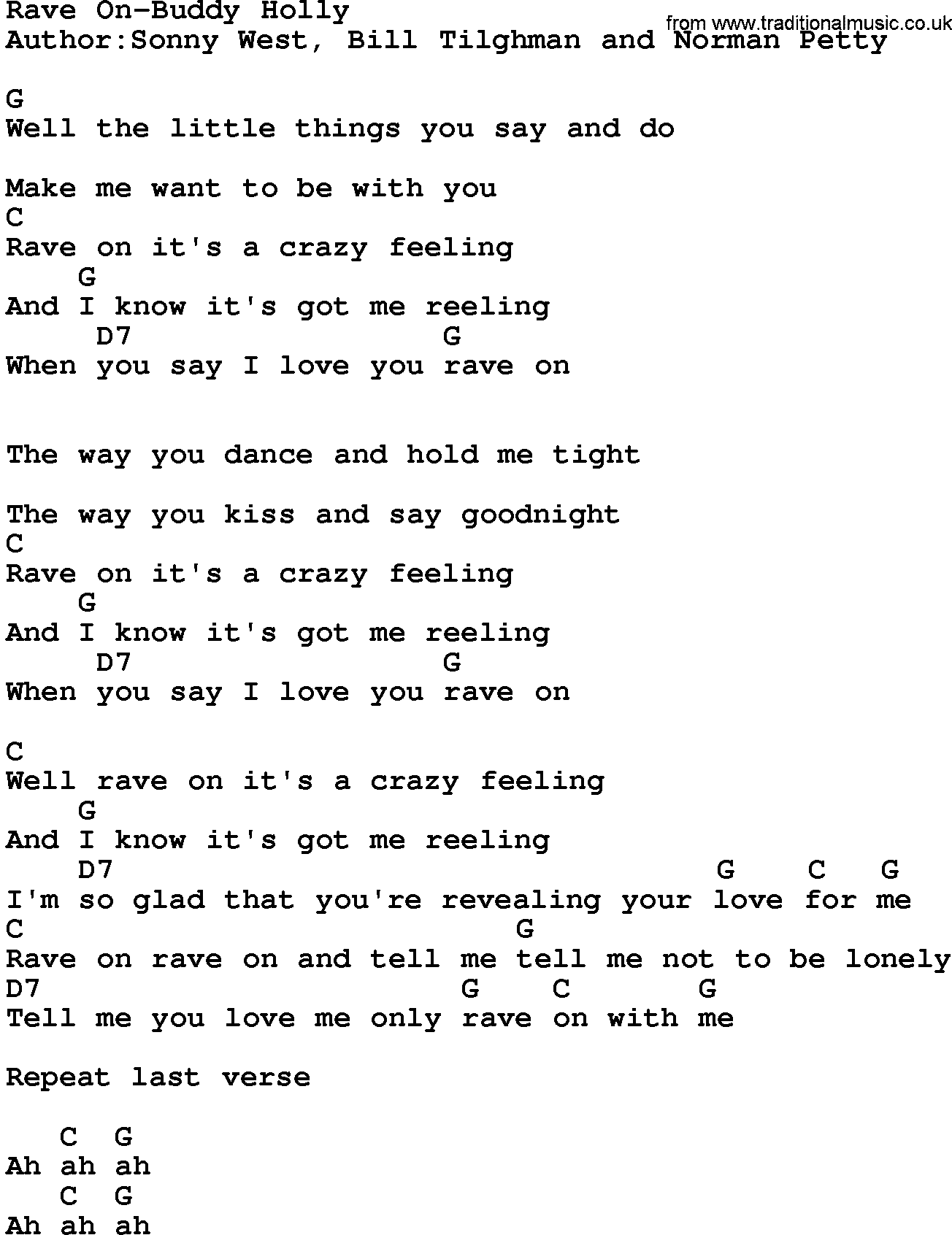 Country music song: Rave On-Buddy Holly lyrics and chords