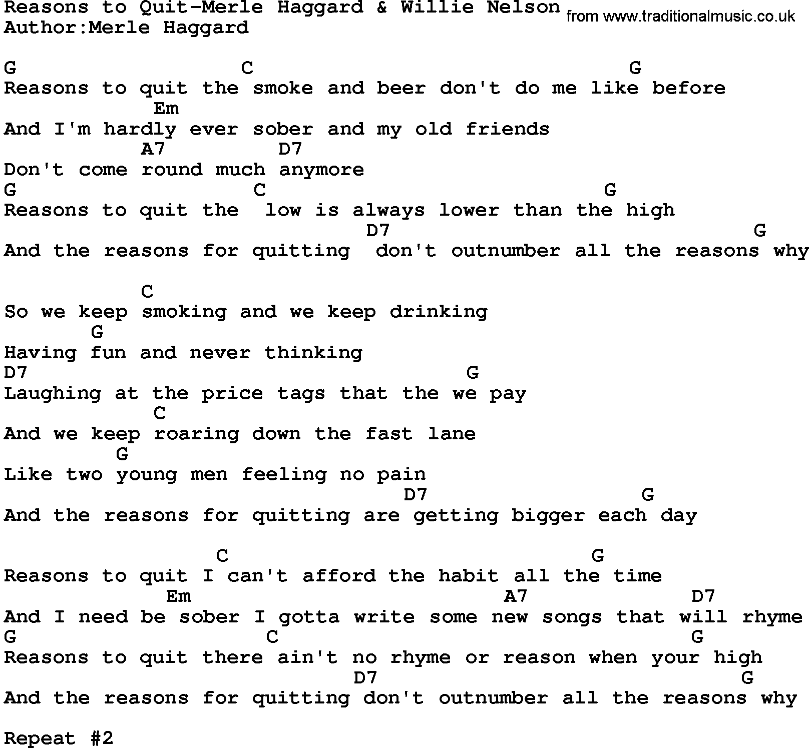 Country music song: Reasons To Quit-Merle Haggard & Willie Nelson lyrics and chords