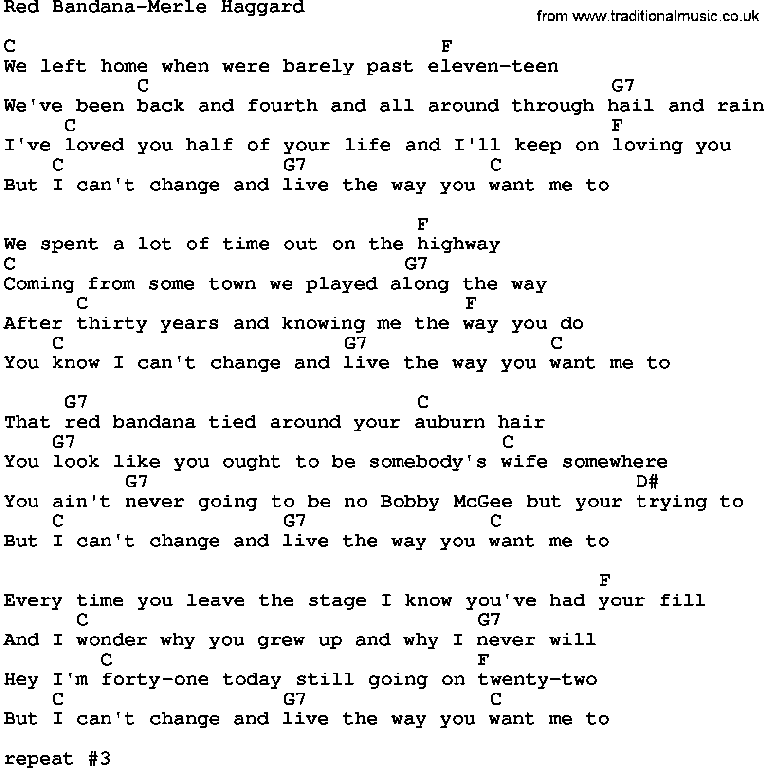 Country music song: Red Bandana-Merle Haggard lyrics and chords