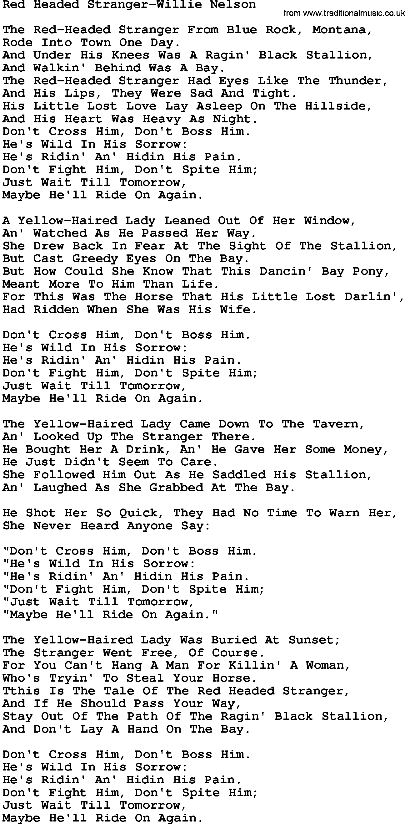Country music song: Red Headed Stranger-Willie Nelson lyrics and chords