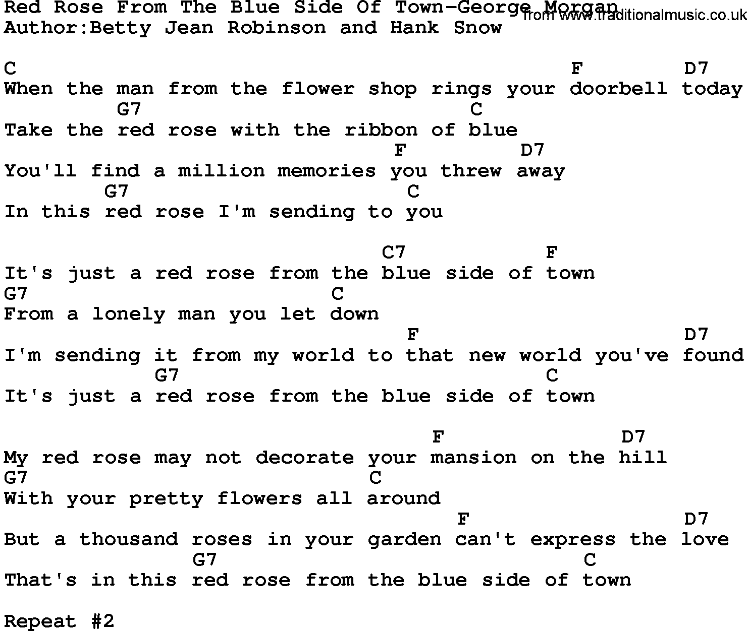 Country music song: Red Rose From The Blue Side Of Town-George Morgan lyrics and chords