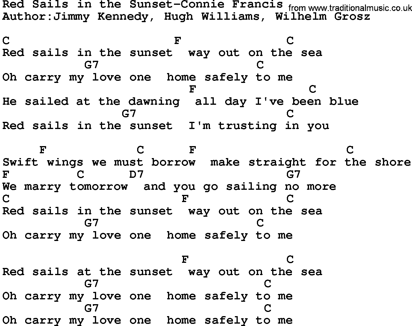 Country music song: Red Sails In The Sunset-Connie Francis lyrics and chords