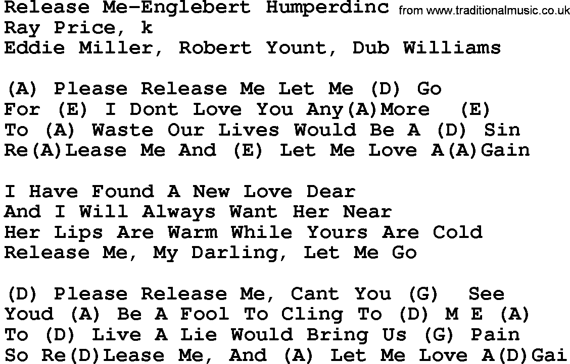 Country music song: Release Me-Englebert Humperdinc lyrics and chords