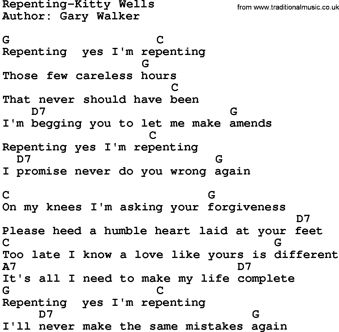 Country music song: Repenting-Kitty Wells lyrics and chords