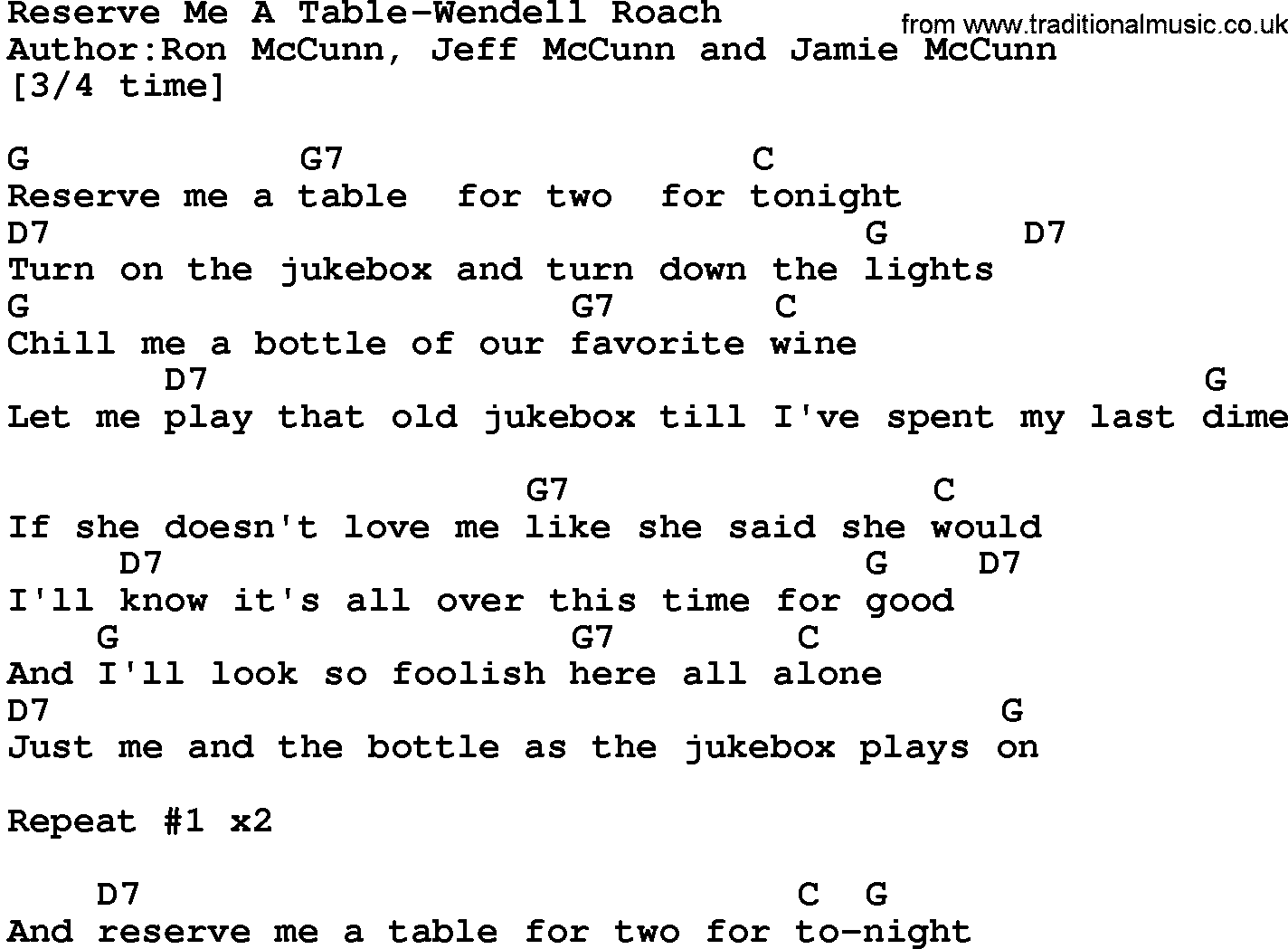Country music song: Reserve Me A Table-Wendell Roach lyrics and chords
