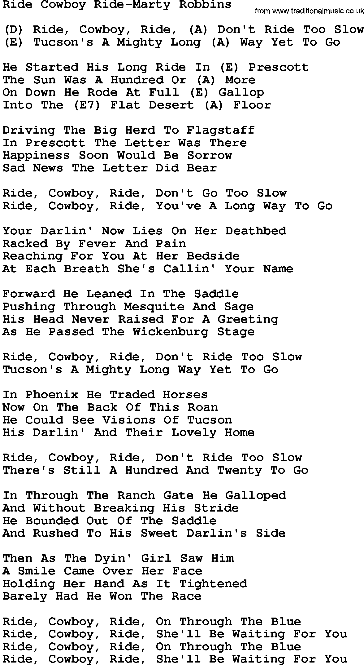 Country music song: Ride Cowboy Ride-Marty Robbins lyrics and chords