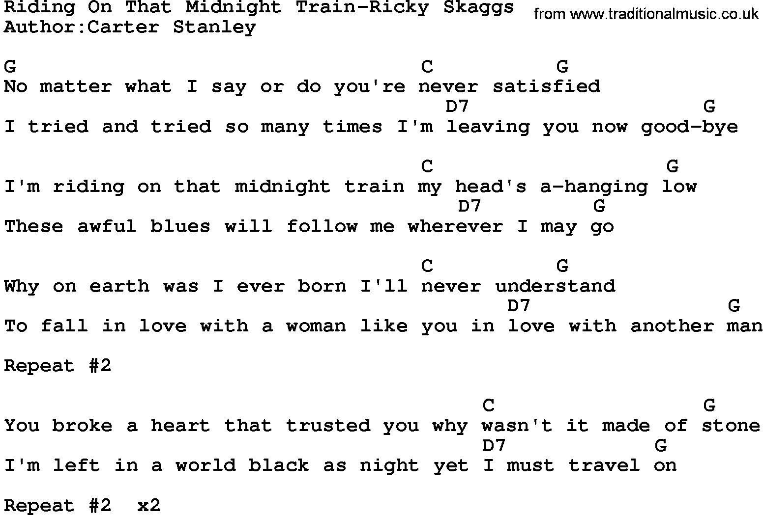 Country music song: Riding On That Midnight Train-Ricky Skaggs lyrics and chords