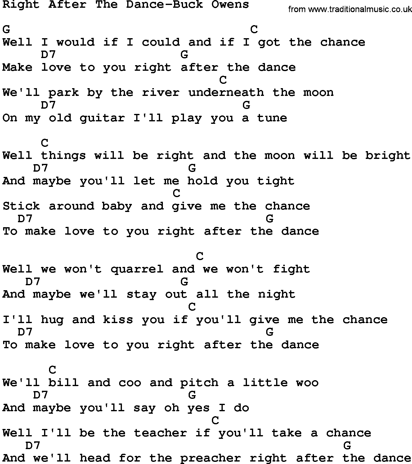 Country music song: Right After The Dance-Buck Owens lyrics and chords