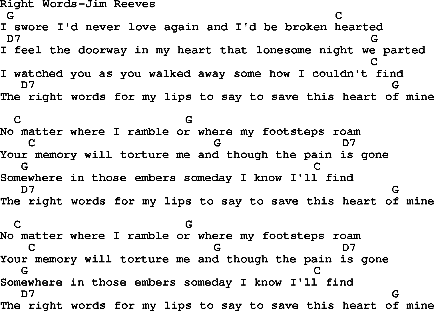 Country music song: Right Words-Jim Reeves lyrics and chords