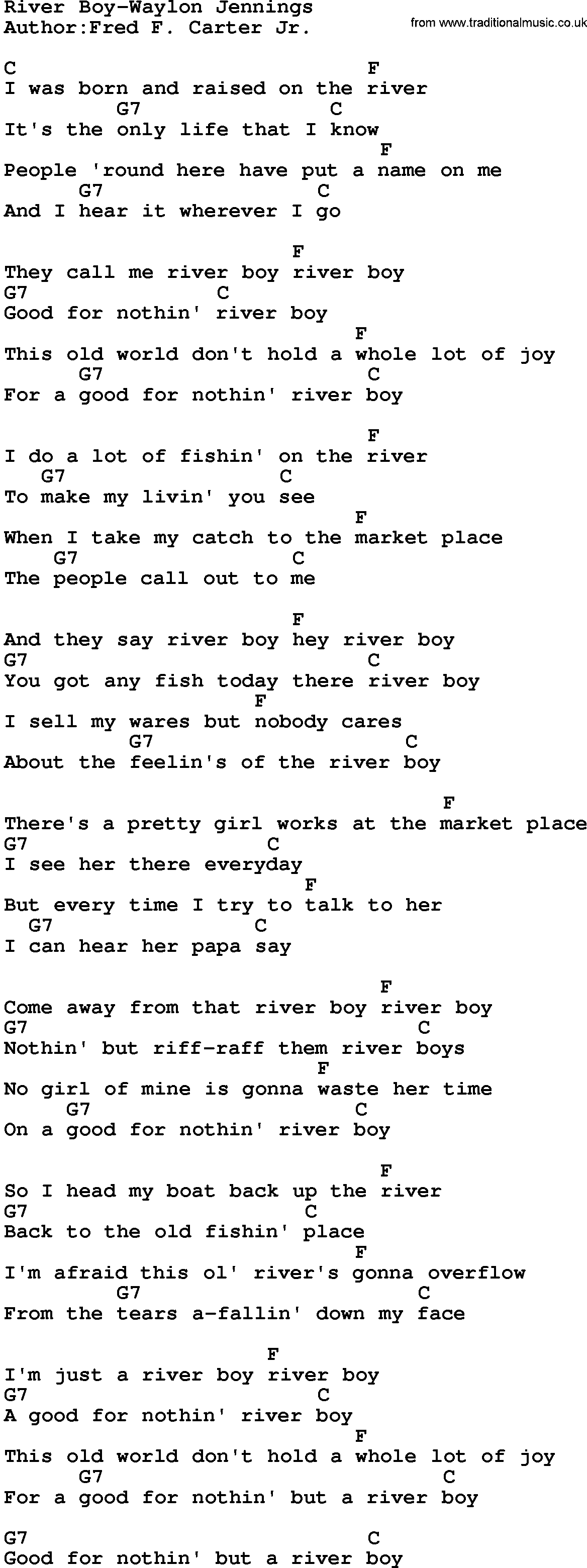 Country music song: River Boy-Waylon Jennings lyrics and chords
