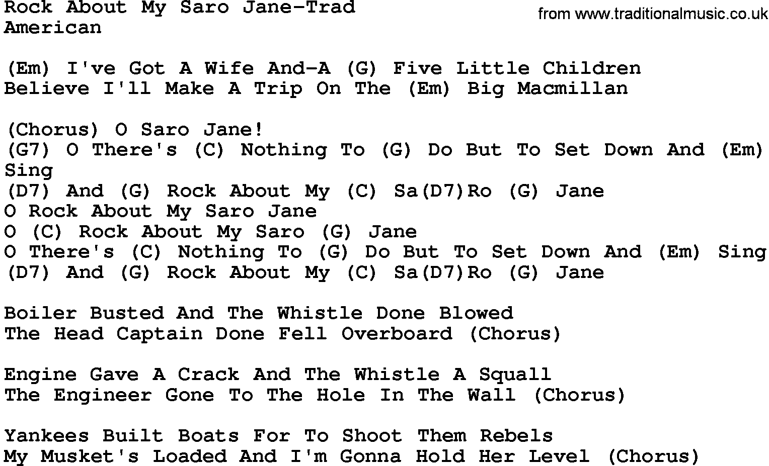 Country music song: Rock About My Saro Jane-Trad lyrics and chords