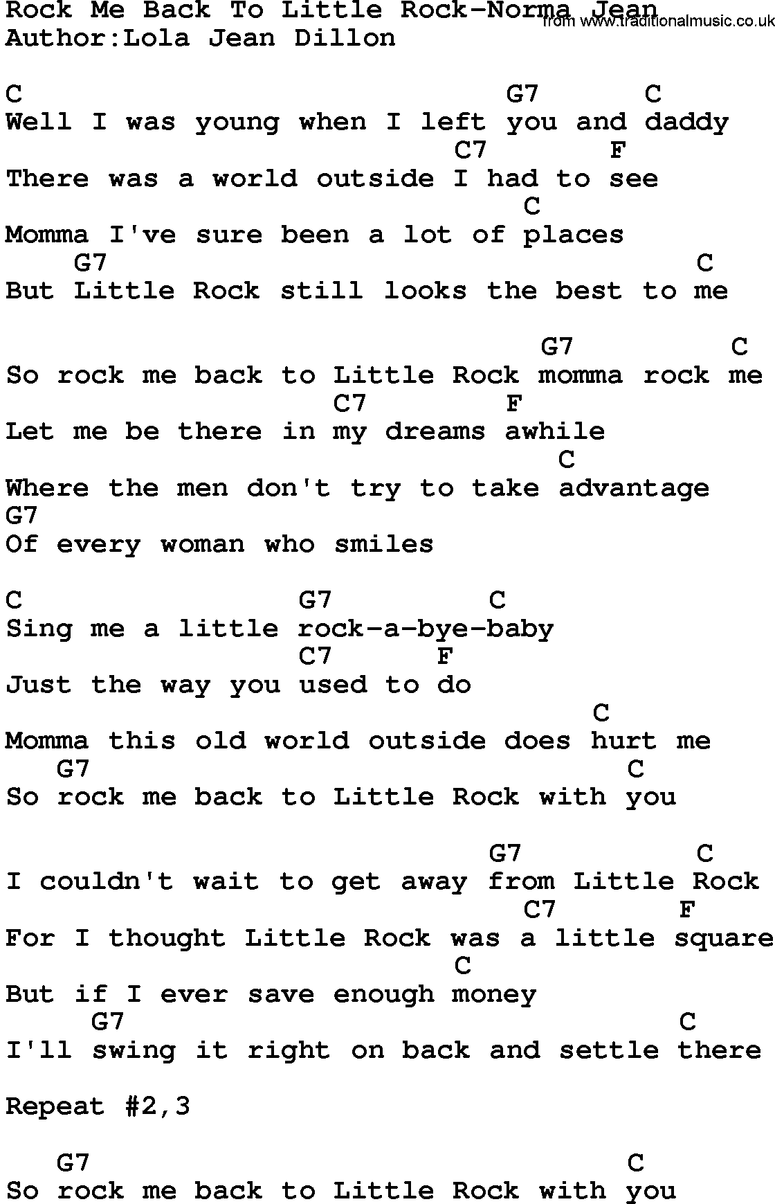 Country music song: Rock Me Back To Little Rock-Norma Jean lyrics and chords