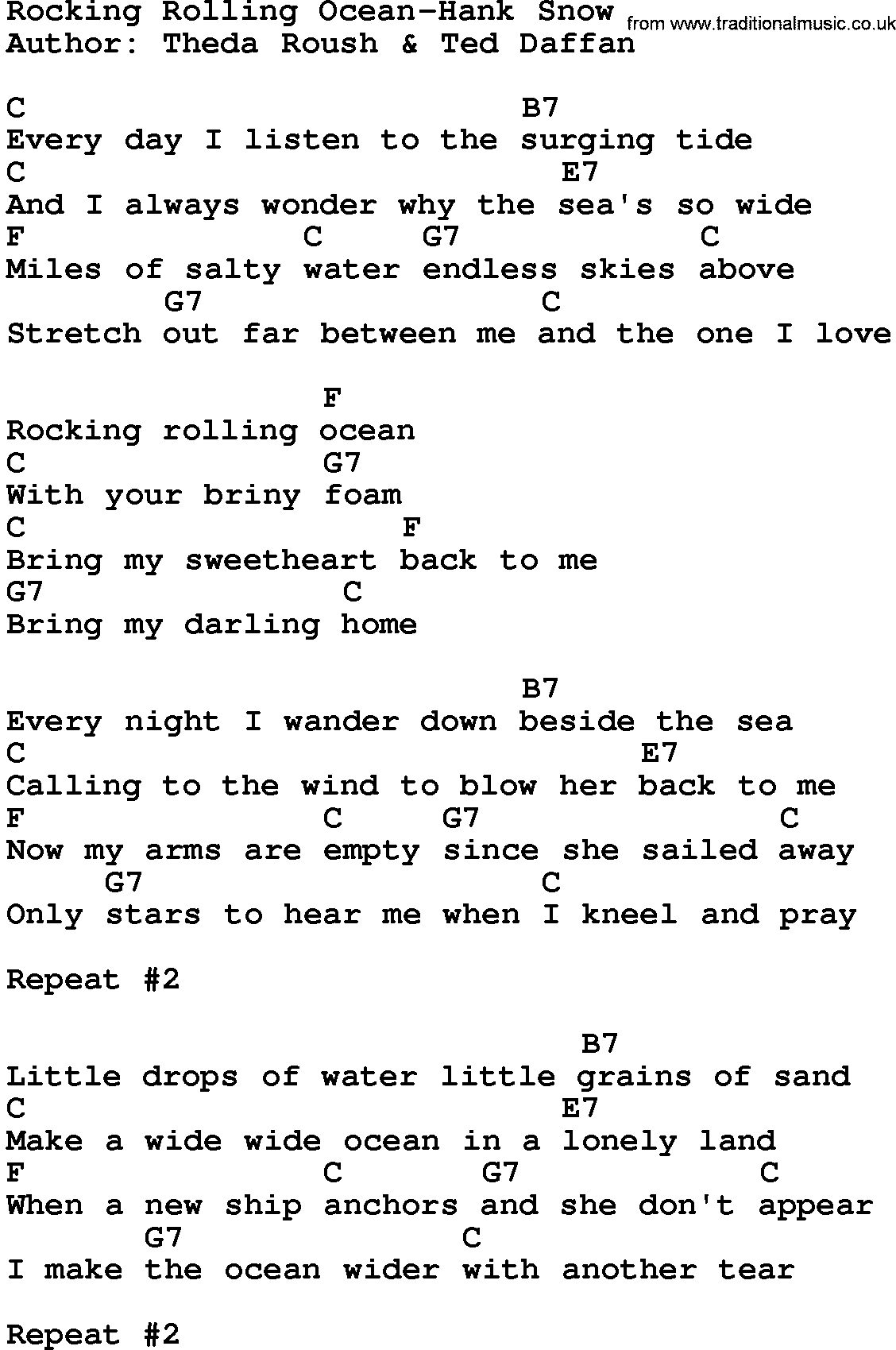 Country music song: Rocking Rolling Ocean-Hank Snow lyrics and chords
