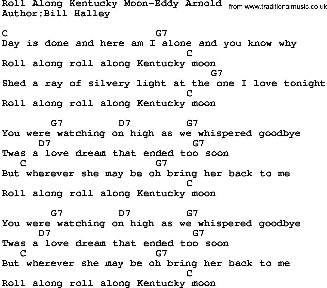 Country music song: Roll Along Kentucky Moon-Eddy Arnold  lyrics and chords