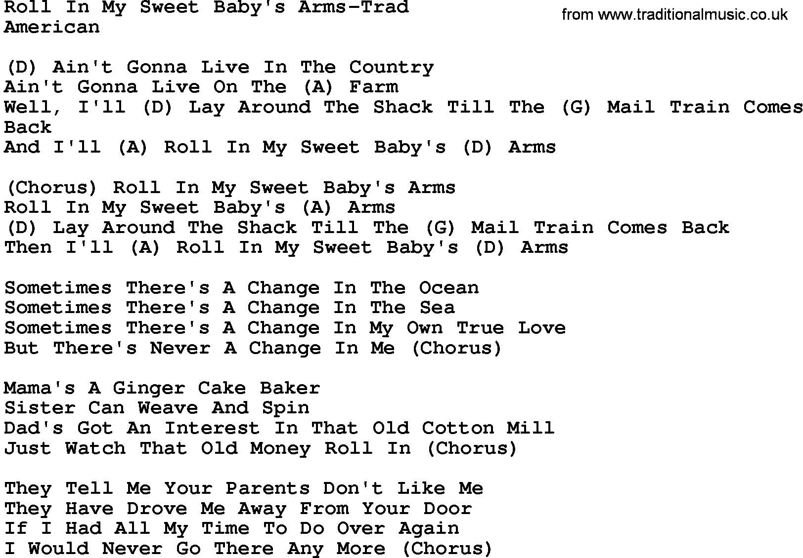 Country music song: Roll In My Sweet Baby's Arms-Trad lyrics and chords