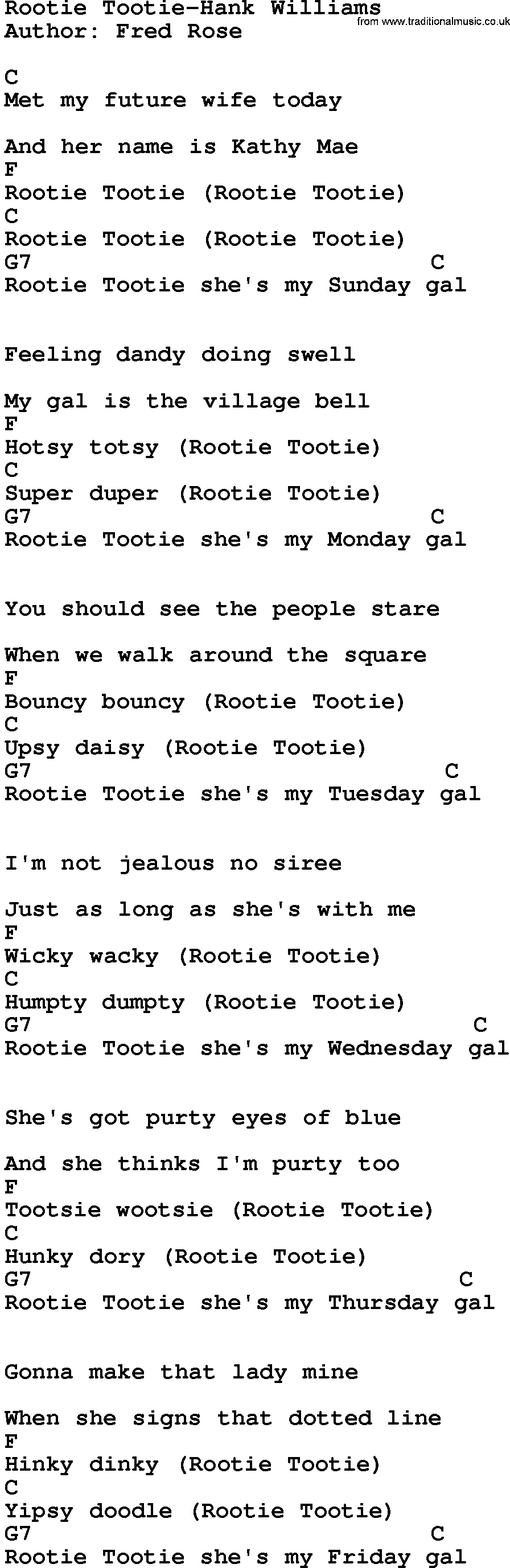 Country music song: Rootie Tootie-Hank Williams lyrics and chords
