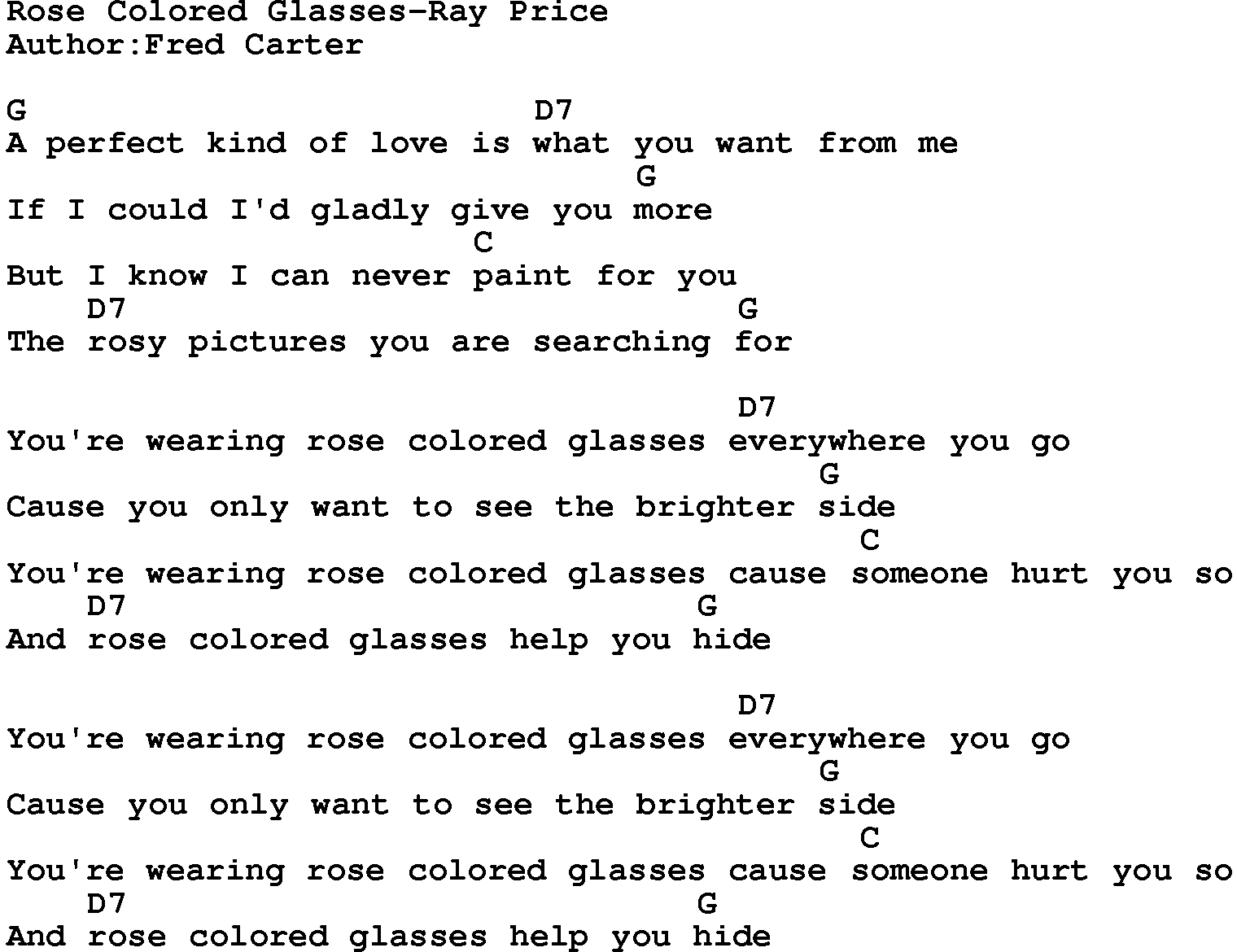 Country music song: Rose Colored Glasses-Ray Price lyrics and chords