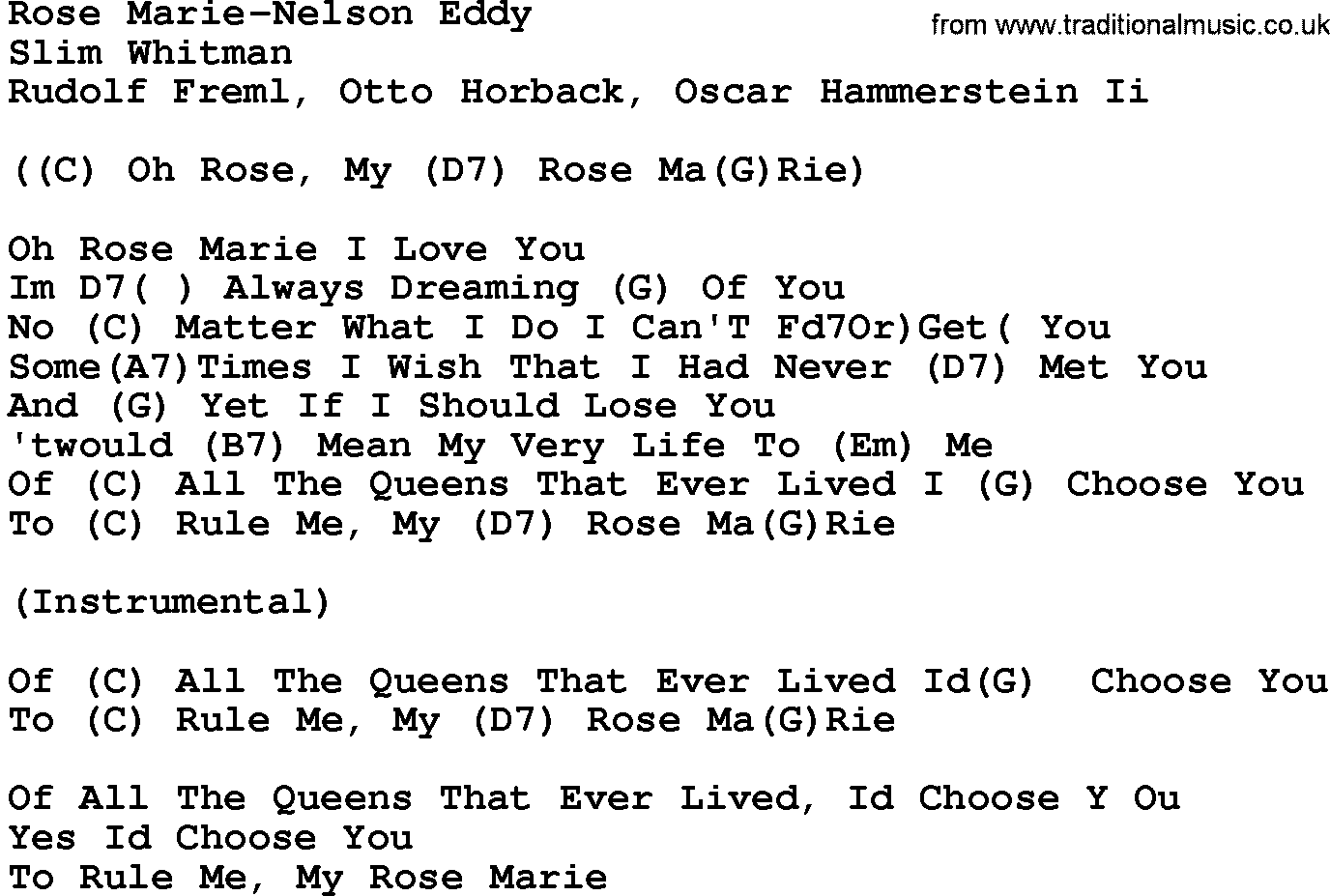 Country music song: Rose Marie-Nelson Eddy lyrics and chords