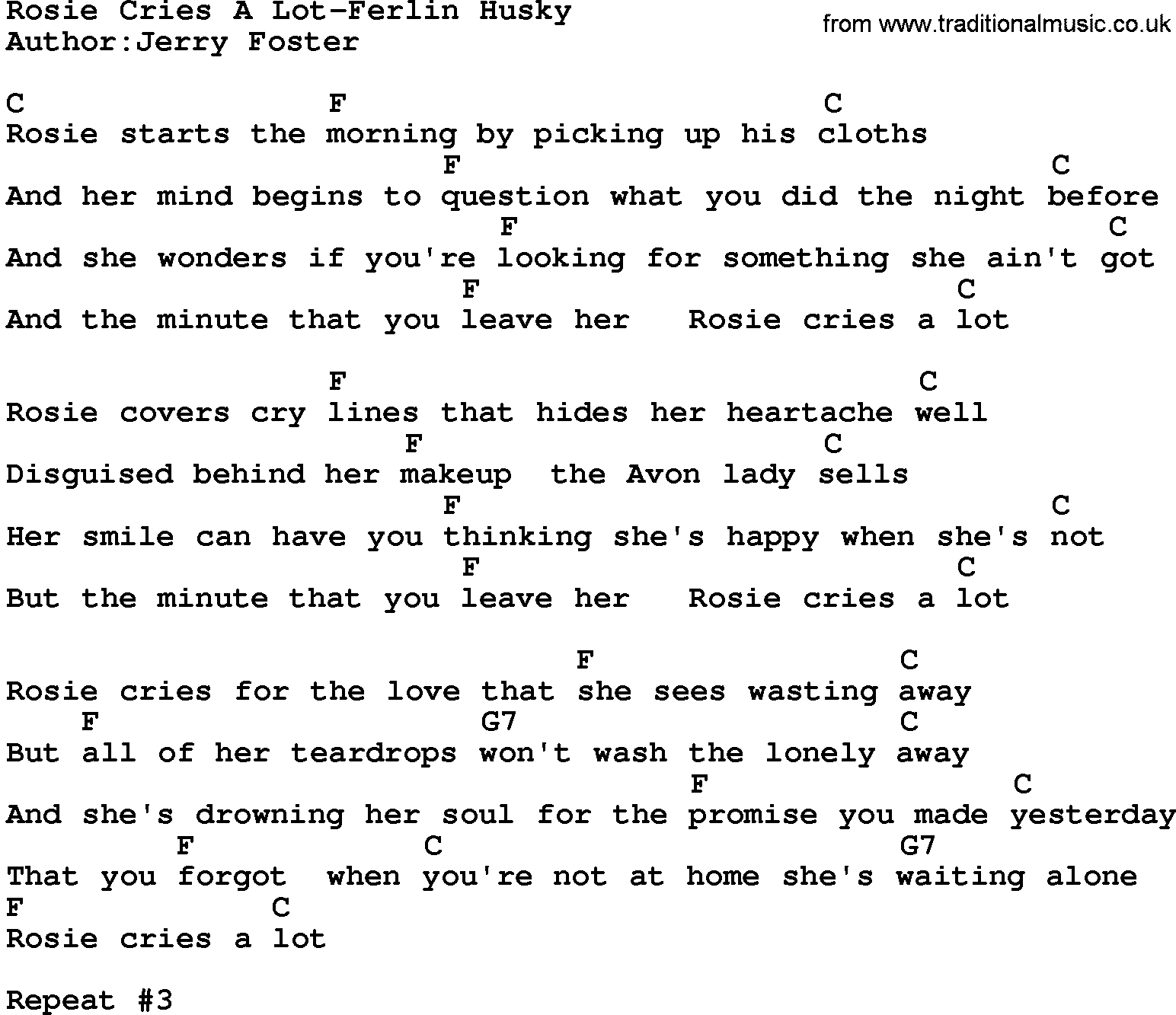 Country music song: Rosie Cries A Lot-Ferlin Husky lyrics and chords