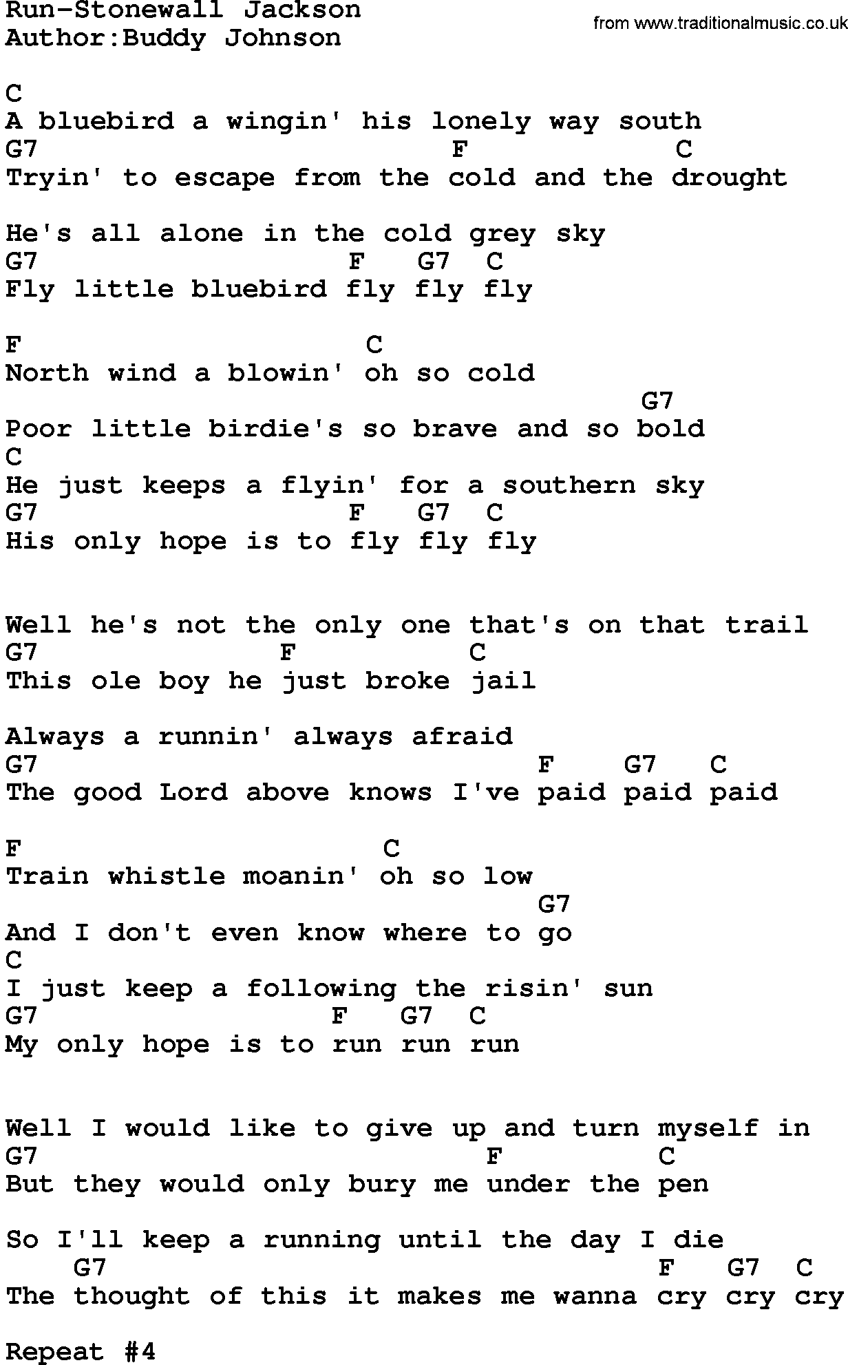 Country music song: Run-Stonewall Jackson lyrics and chords