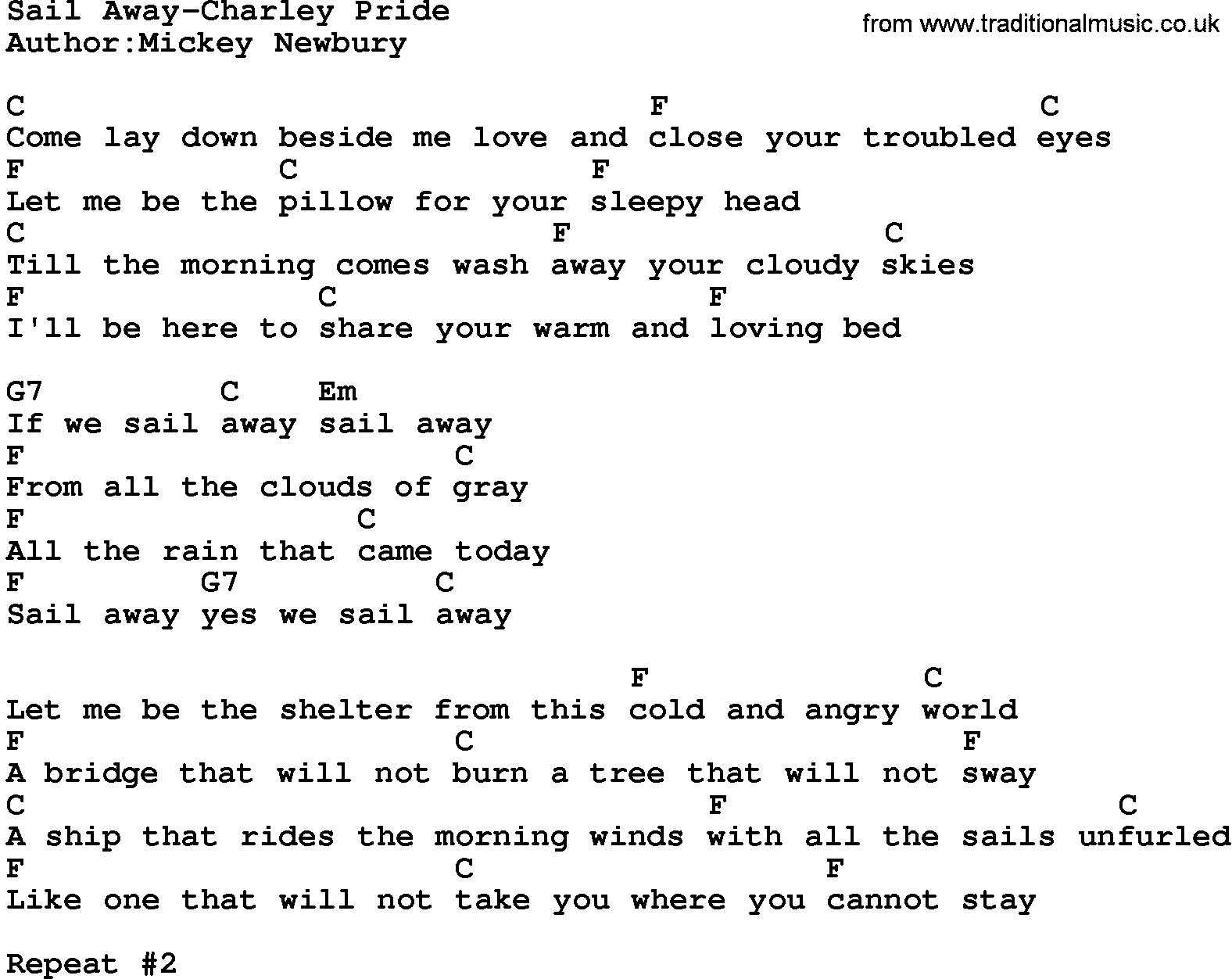 Country music song: Sail Away-Charley Pride lyrics and chords