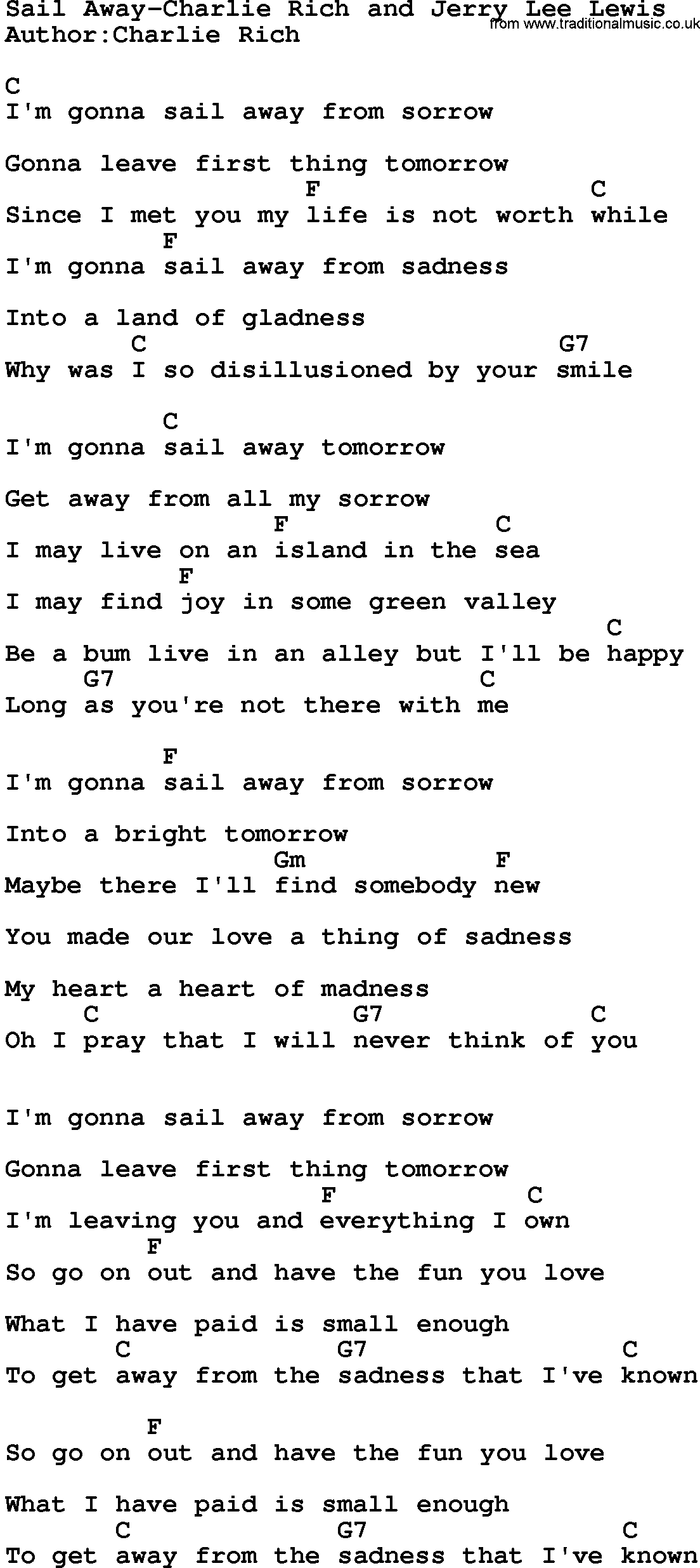Country music song: Sail Away-Charlie Rich And Jerry Lee Lewis lyrics and chords