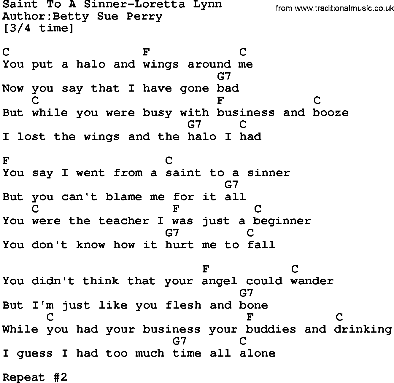 Country music song: Saint To A Sinner-Loretta Lynn lyrics and chords