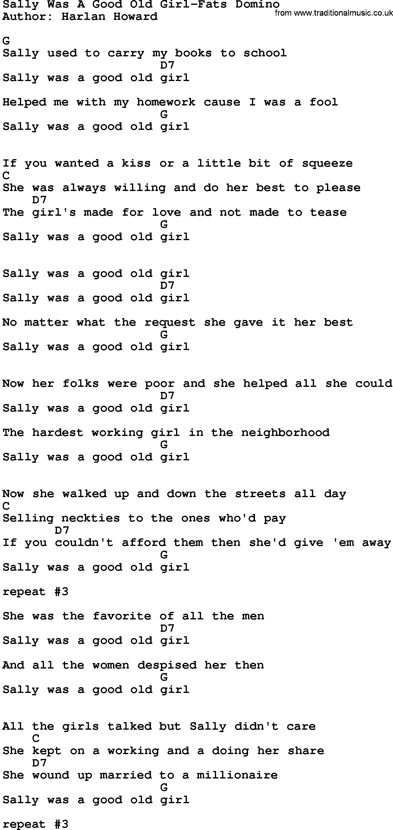 Country music song: Sally Was A Good Old Girl-Fats Domino lyrics and chords