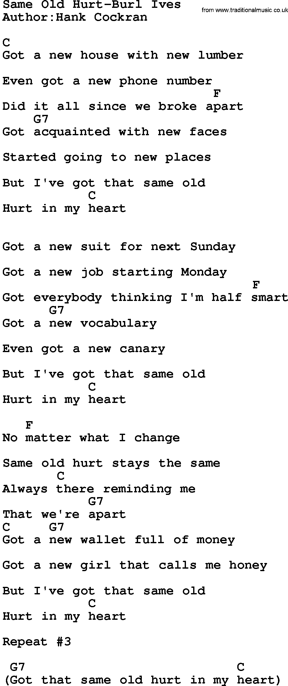 Country music song: Same Old Hurt-Burl Ives lyrics and chords