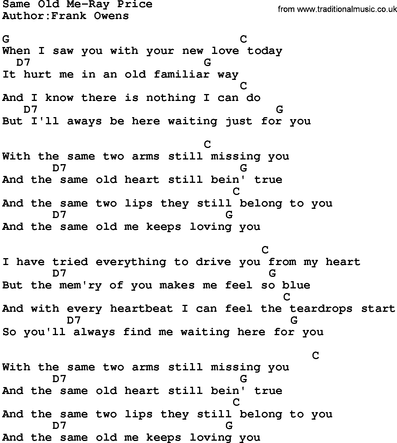 Country music song: Same Old Me-Ray Price lyrics and chords