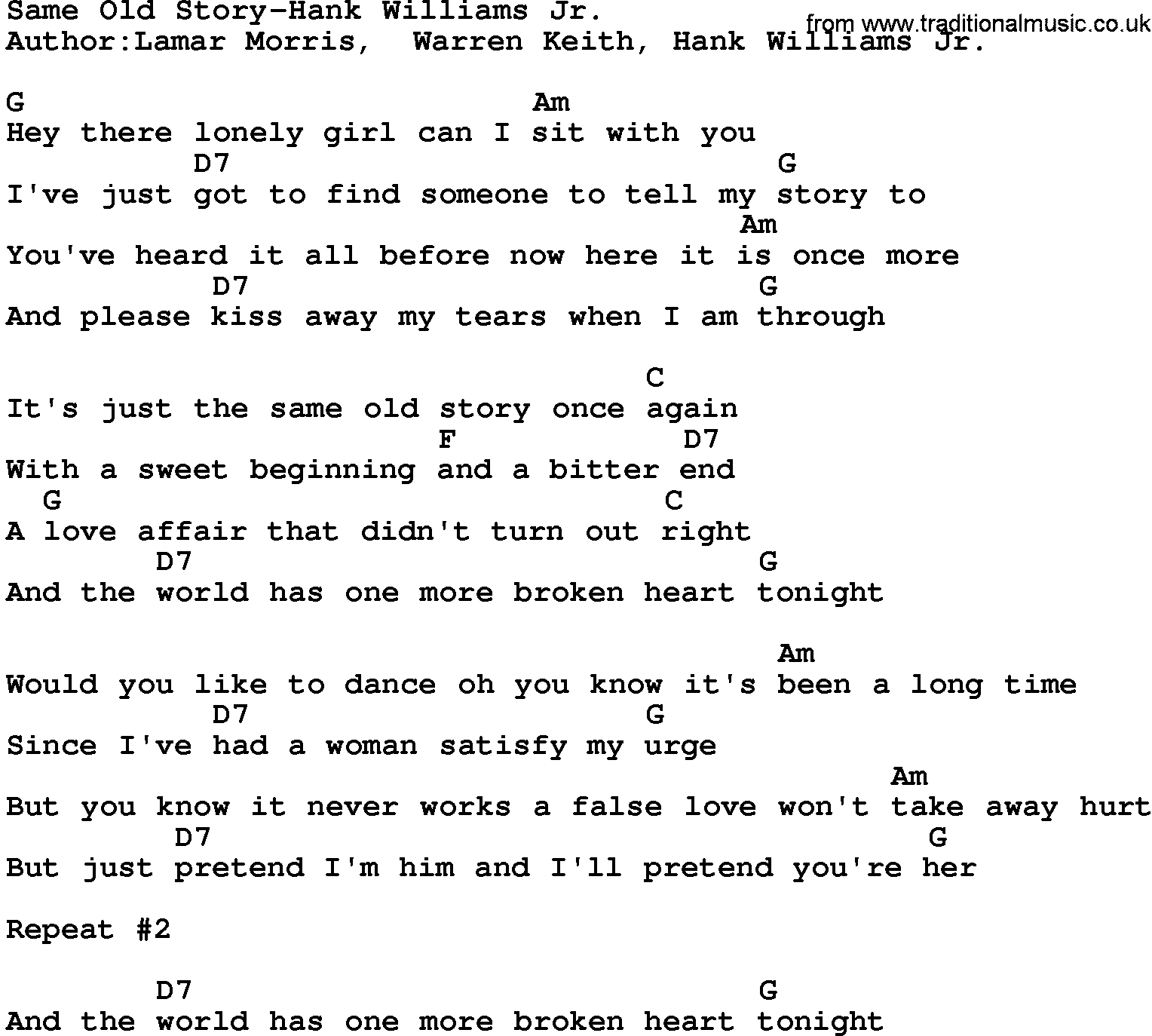 Country music song: Same Old Story-Hank Williams Jr lyrics and chords