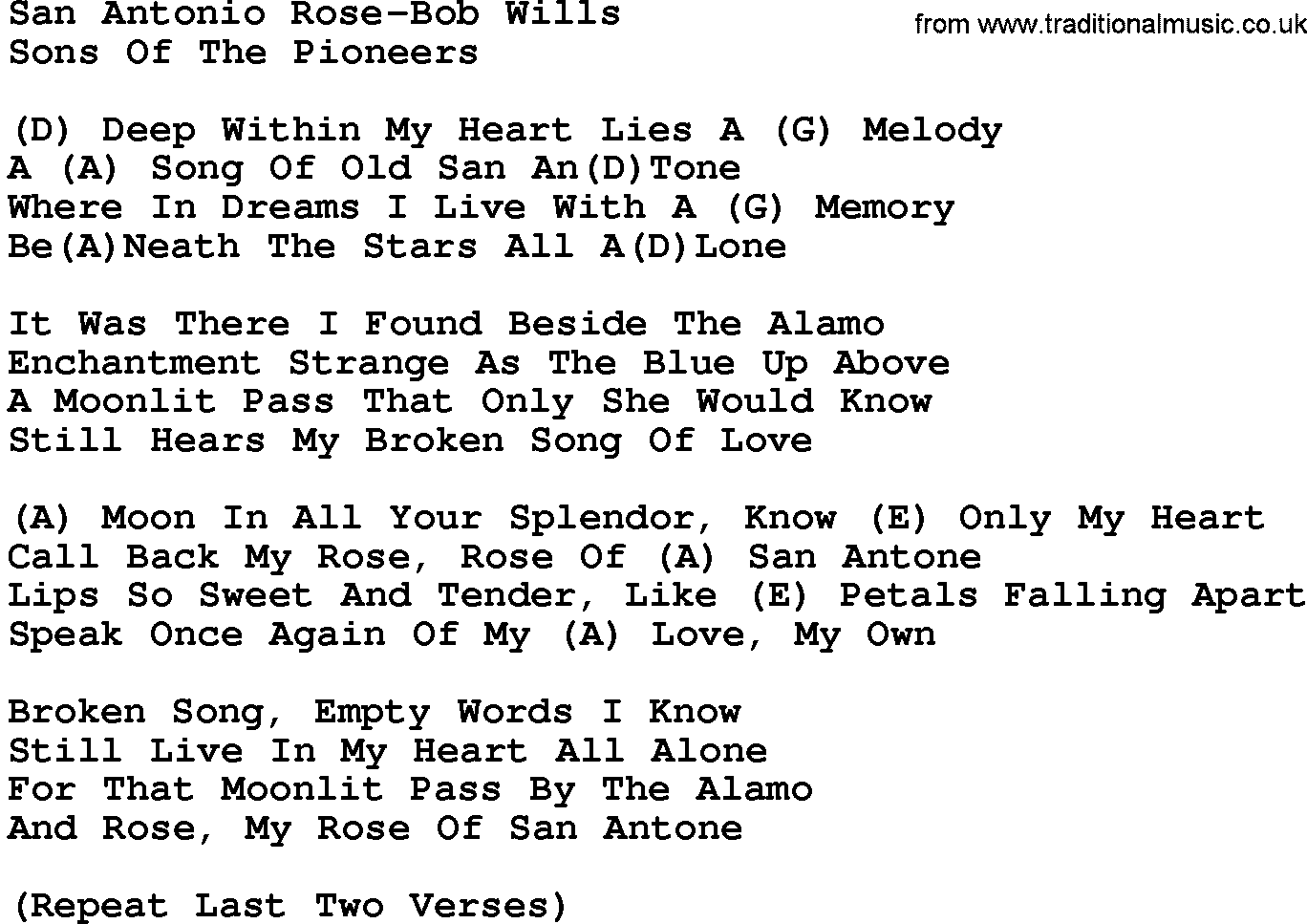 Country music song: San Antonio Rose-Bob Wills lyrics and chords