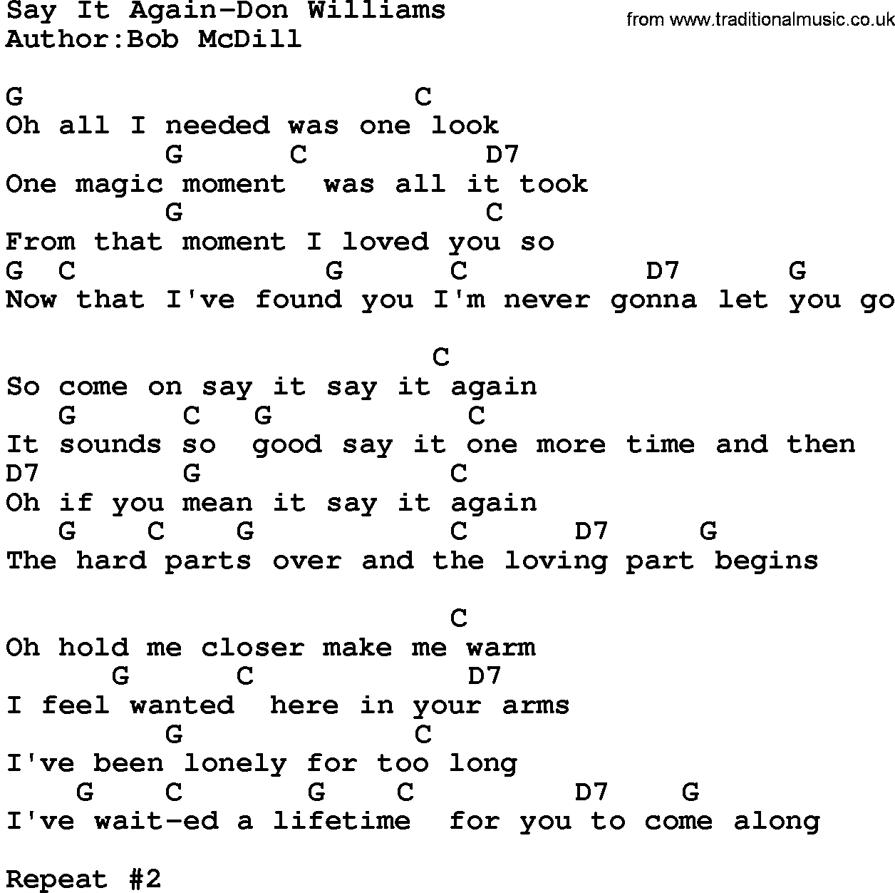 Country music song: Say It Again-Don Williams lyrics and chords