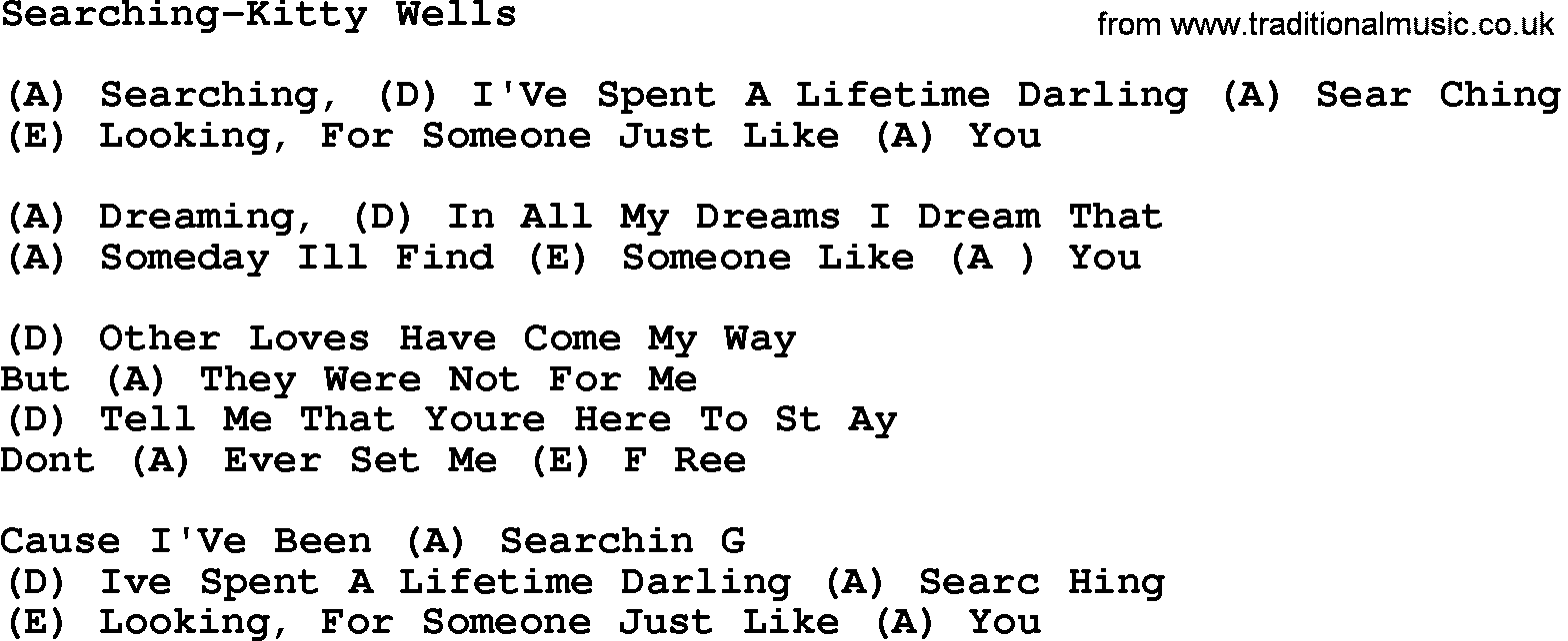 Country music song: Searching-Kitty Wells lyrics and chords