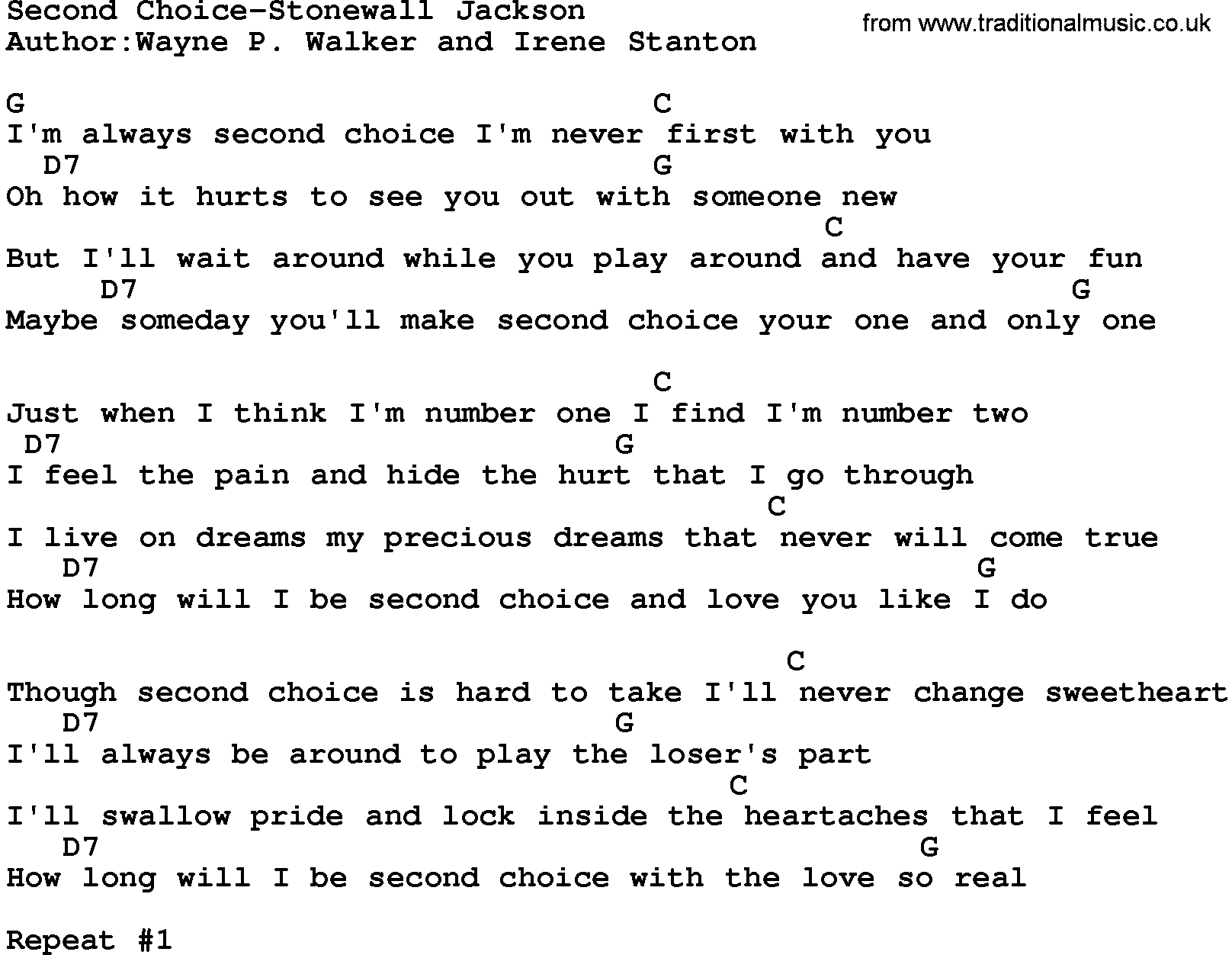 Country music song: Second Choice-Stonewall Jackson lyrics and chords