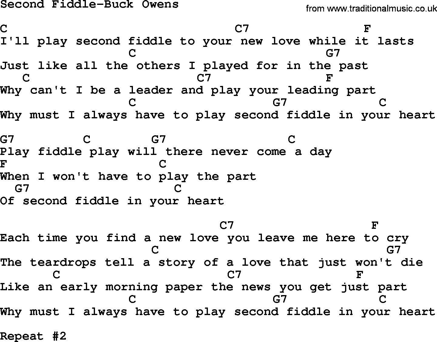 Country music song: Second Fiddle-Buck Owens lyrics and chords