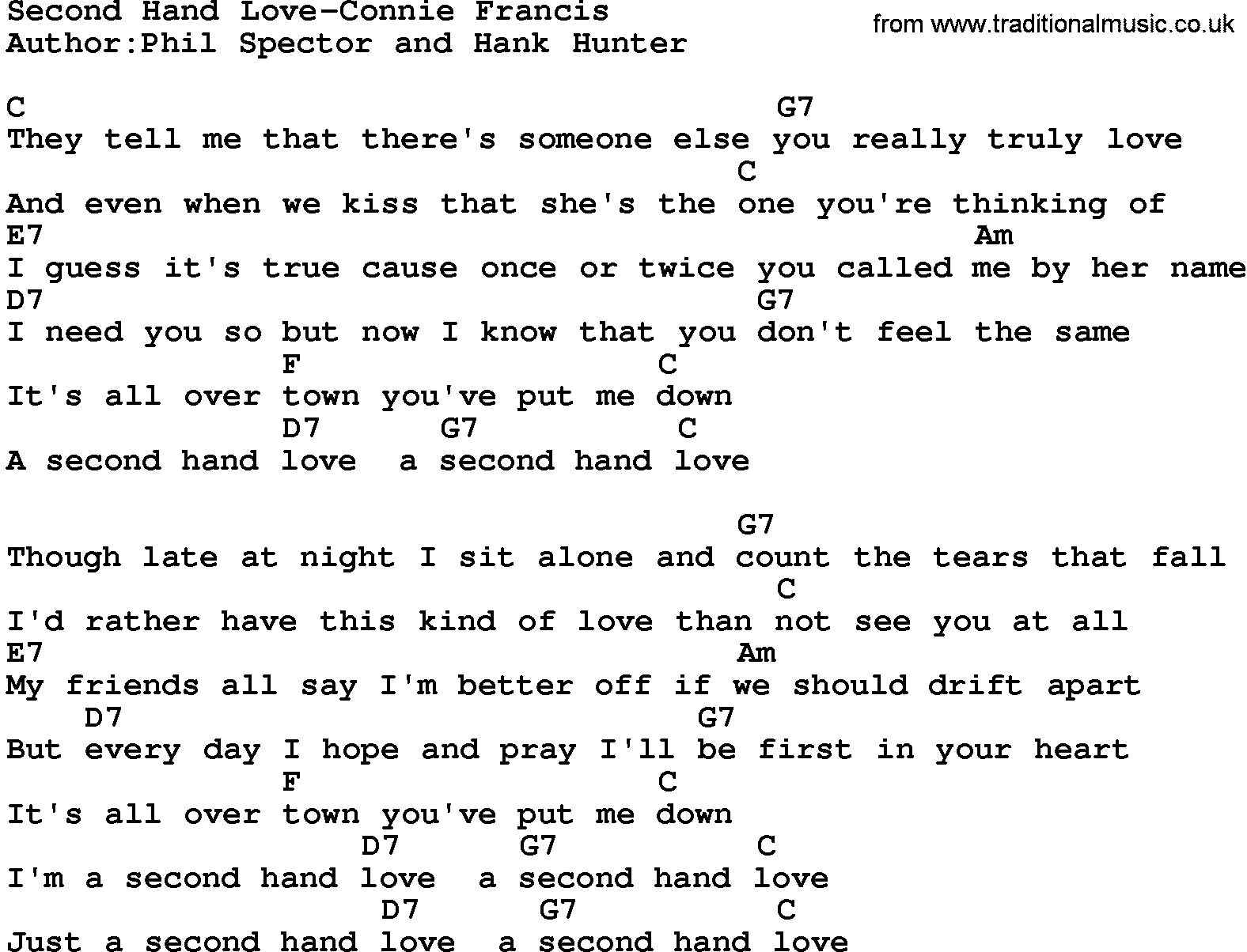 Country music song: Second Hand Love-Connie Francis lyrics and chords