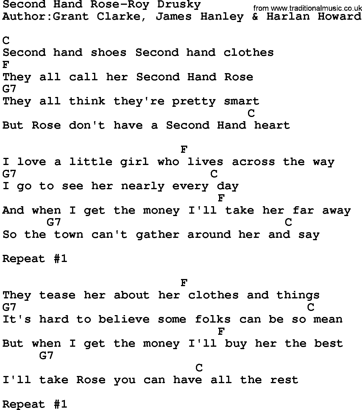Country music song: Second Hand Rose-Roy Drusky lyrics and chords