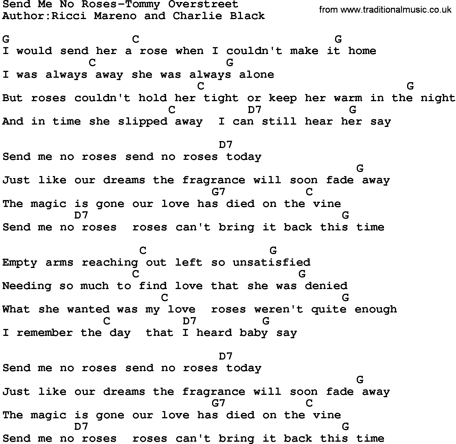 Country music song: Send Me No Roses-Tommy Overstreet lyrics and chords
