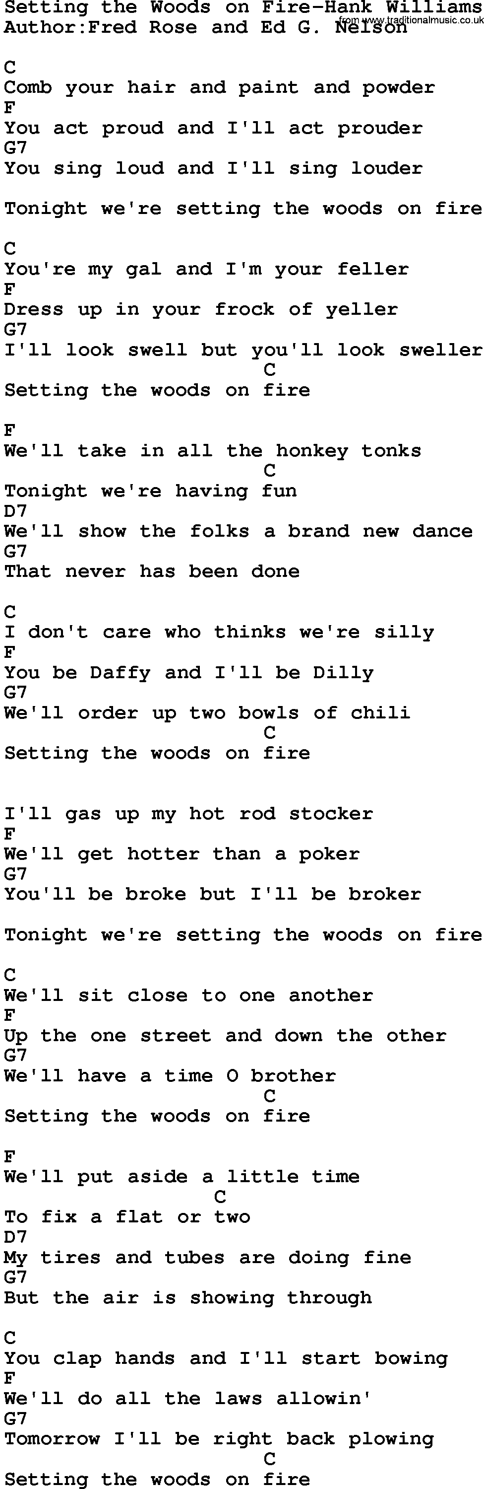 Country music song: Setting The Woods On Fire-Hank Williams lyrics and chords