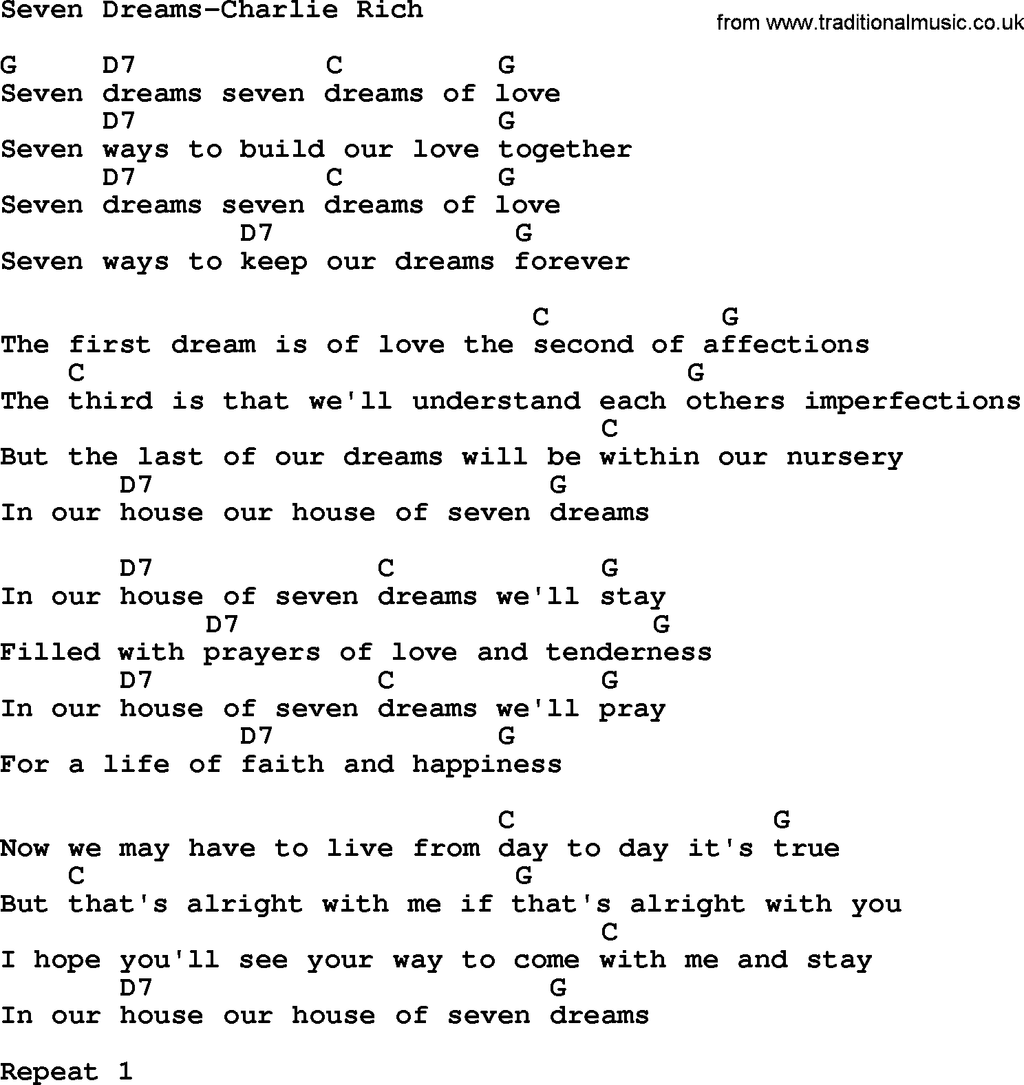 Country music song: Seven Dreams-Charlie Rich lyrics and chords