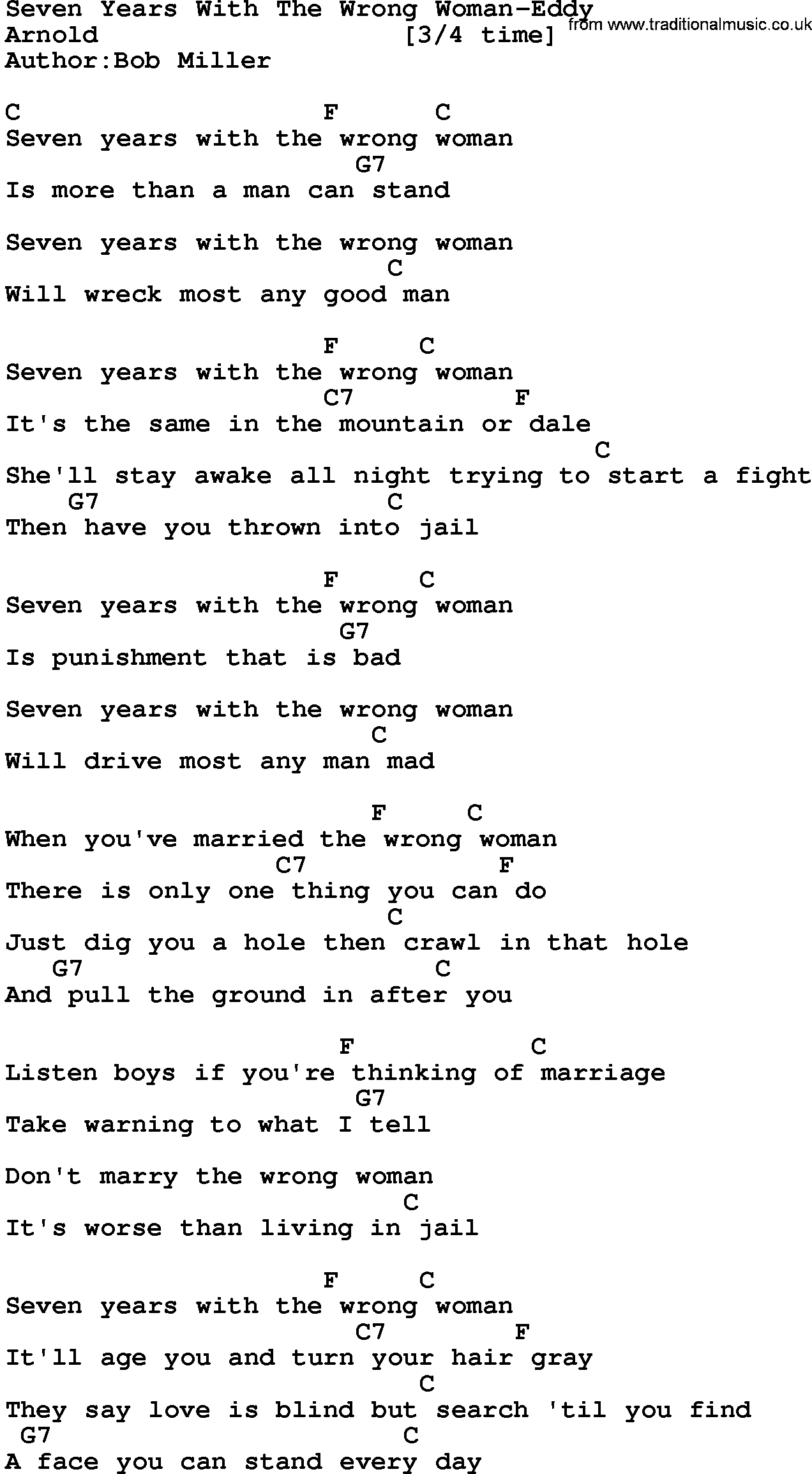 Country music song: Seven Years With The Wrong Woman-Eddy lyrics and chords